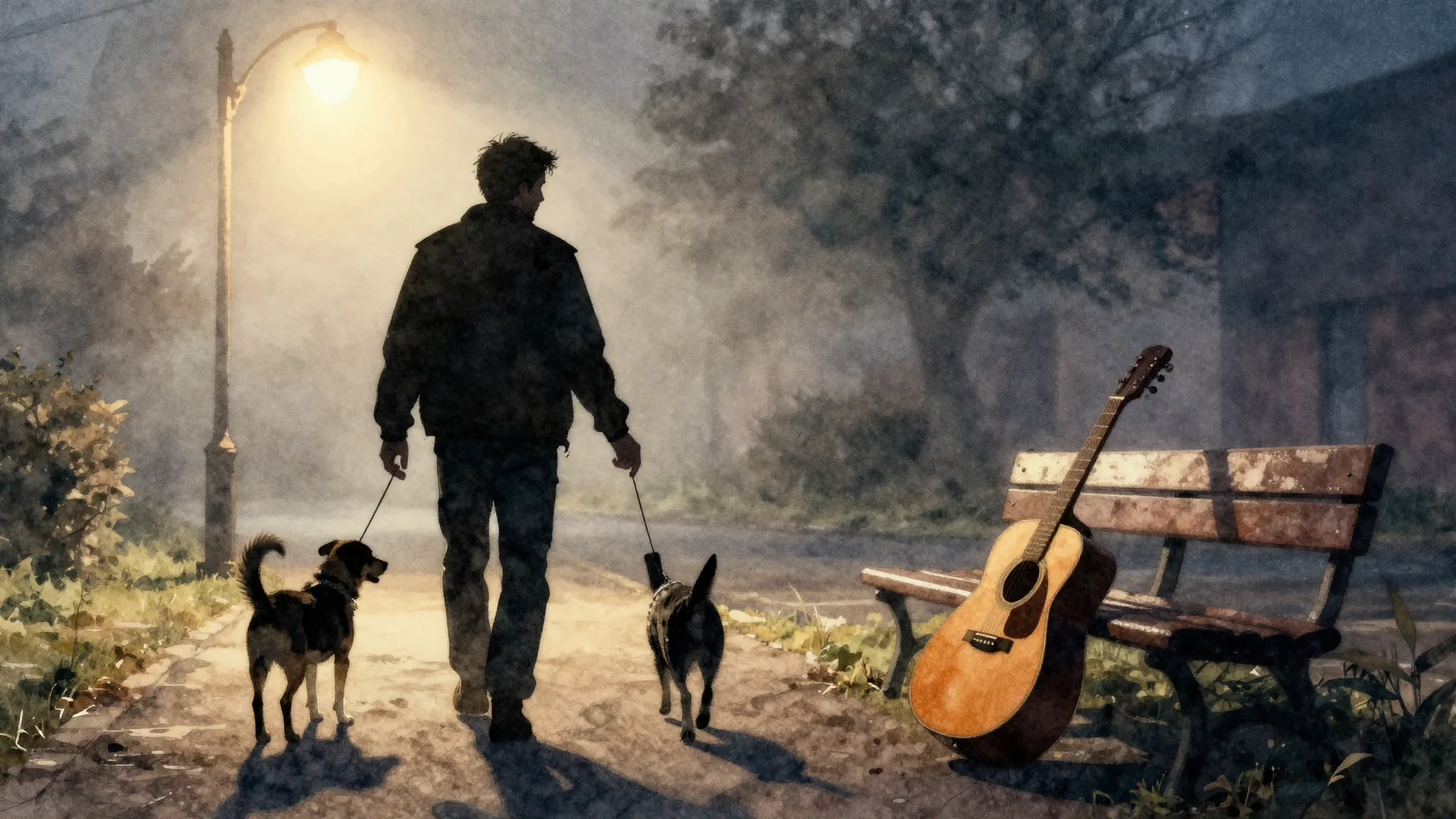 Watercolor style. A silhouette of a man walking down a misty...