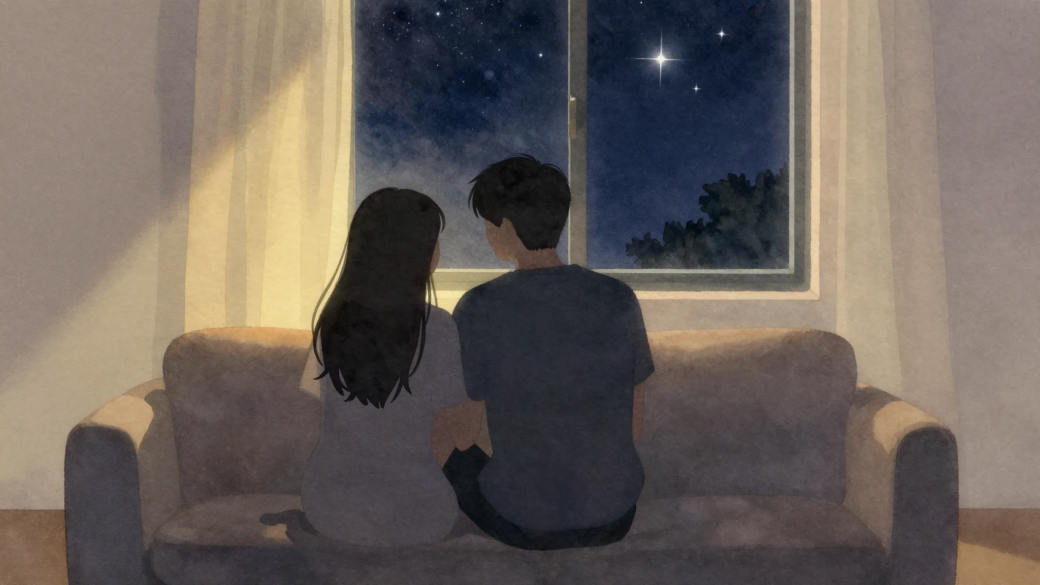 Watercolor style. A cozy room at night, two silhouettes sitt...