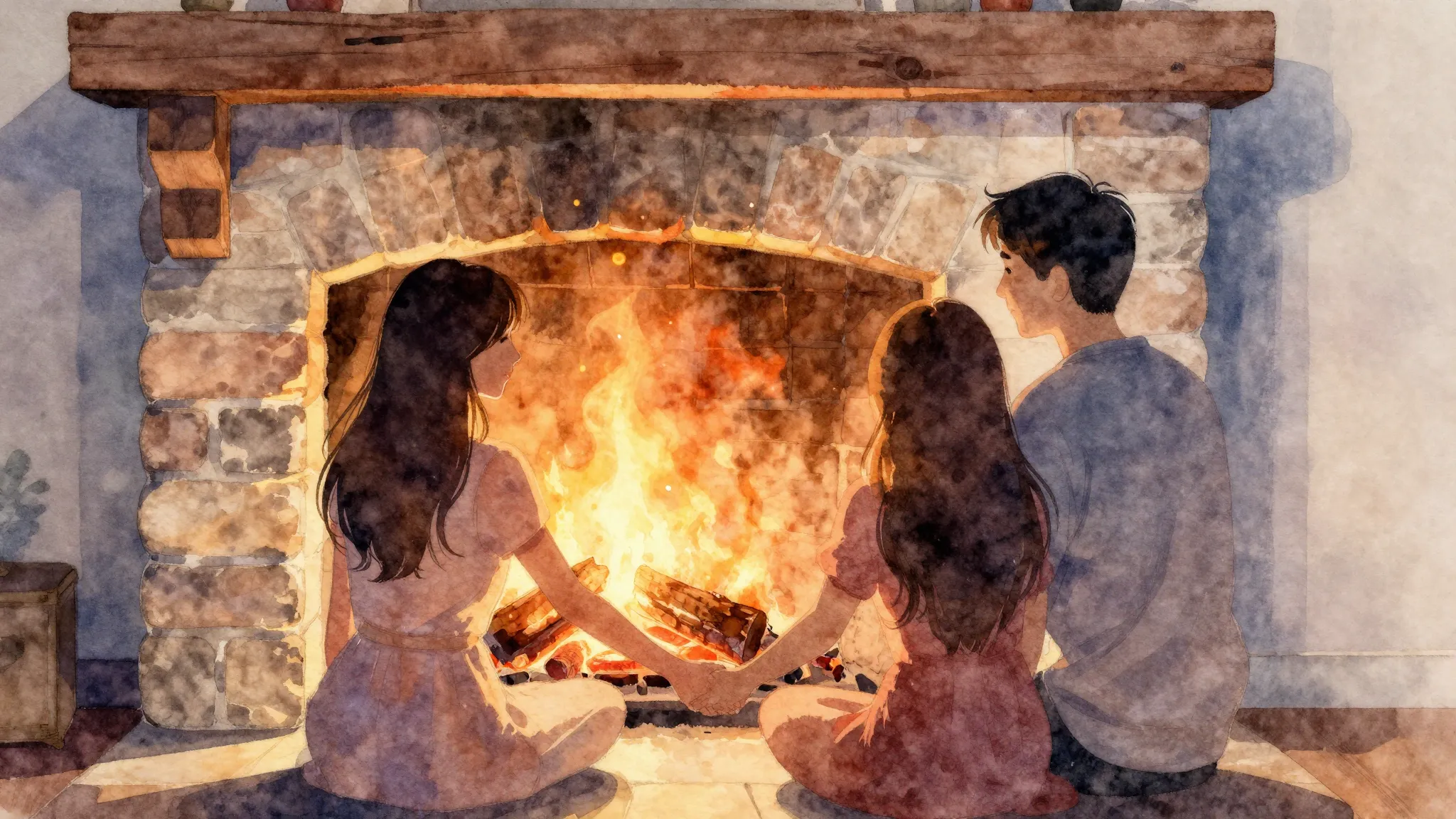 Vibrant watercolor style. A cozy, warm fireplace with glowin...