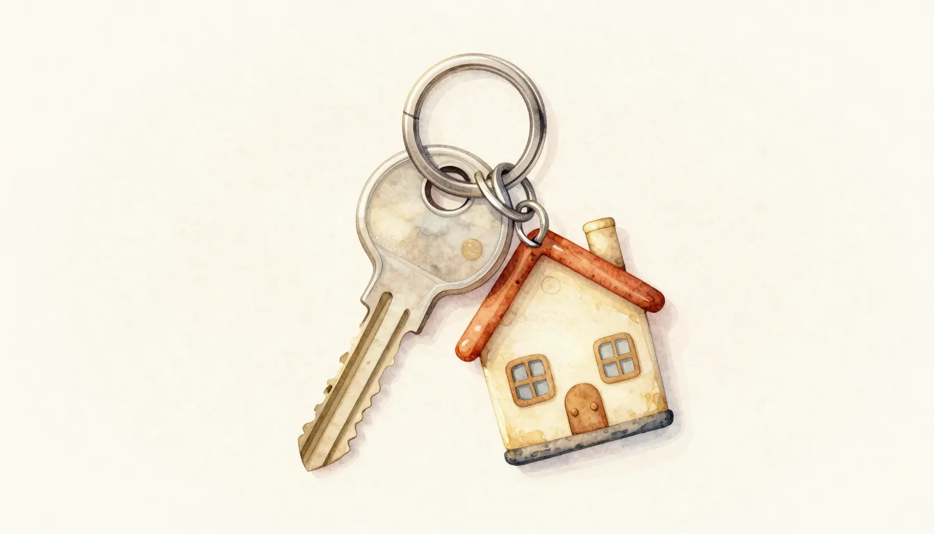 Watercolor style. A cozy stylized key with a small house-sha...