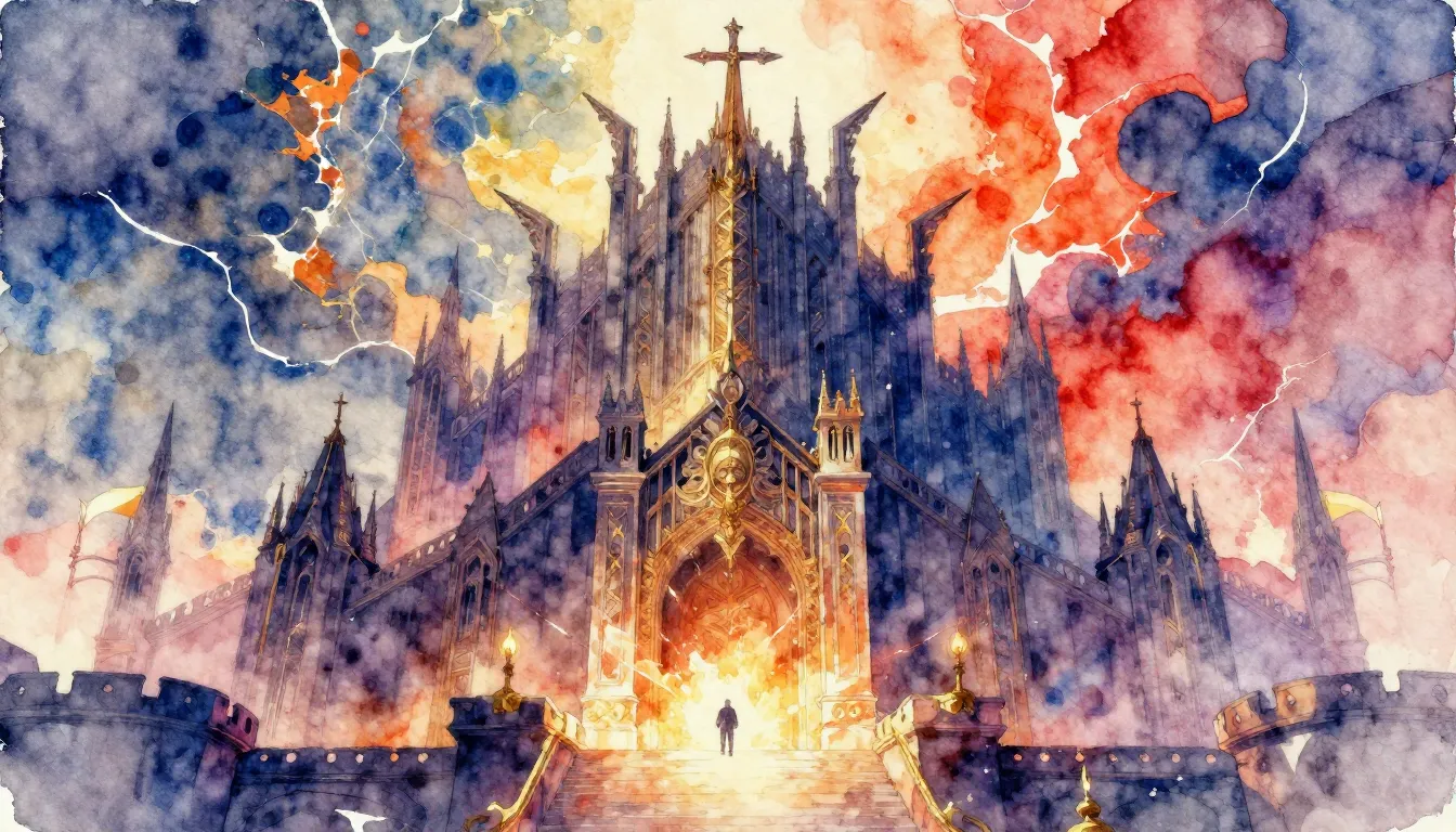 Vibrant watercolor style. Power metal album cover, epic, maj...