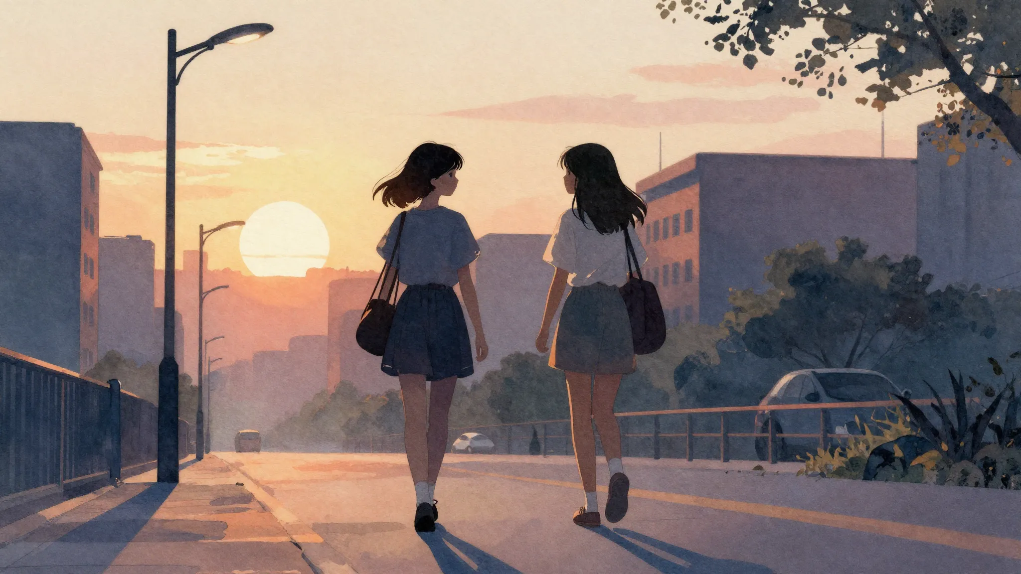 Watercolor style. Two silhouettes of girls walking in a city...