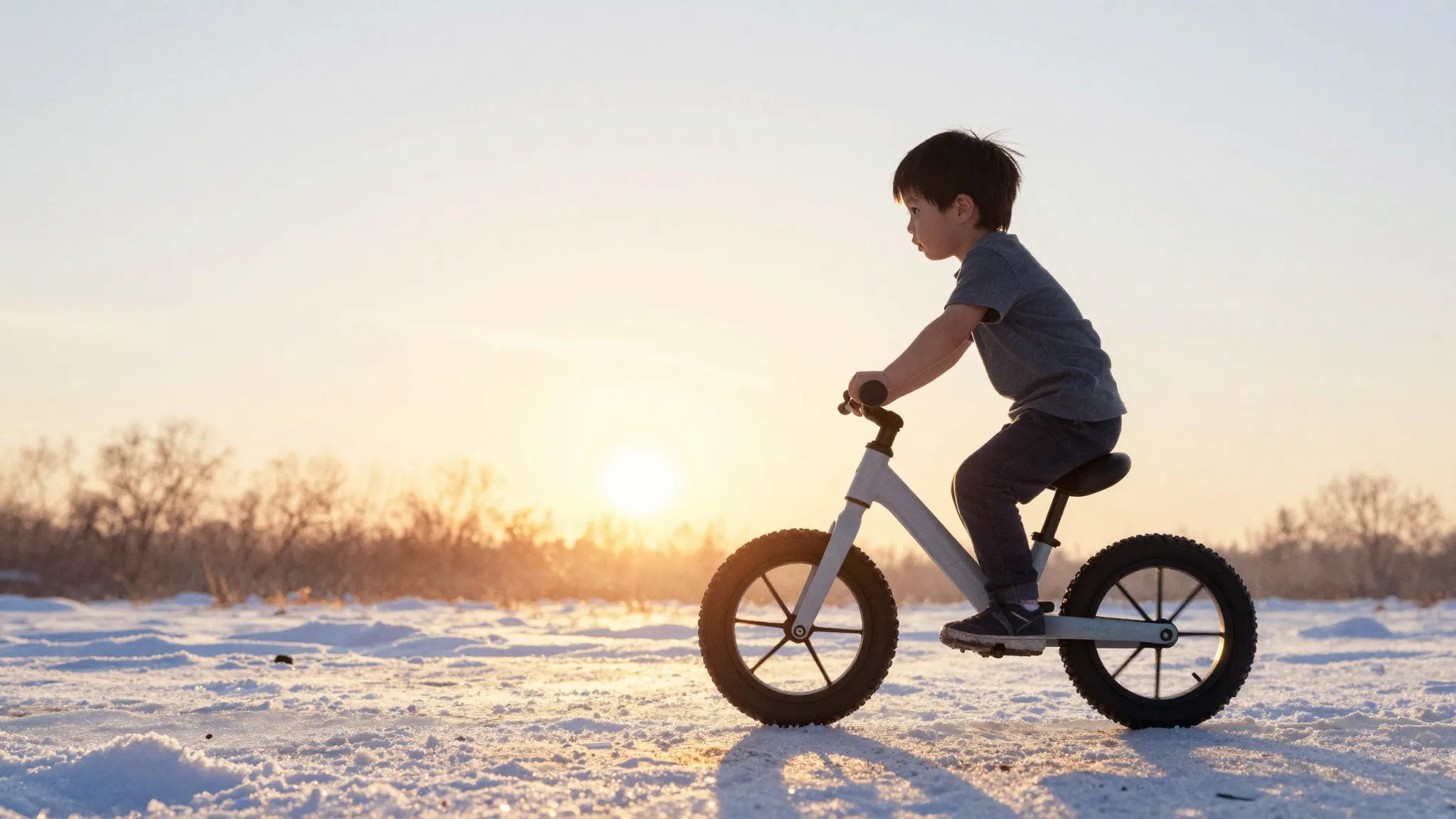 Watercolor style. Silhouette of a child on a balance bike ag...