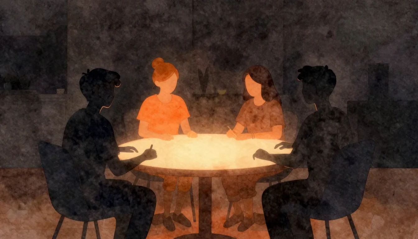 Watercolor style. Silhouettes of four friends sitting around...