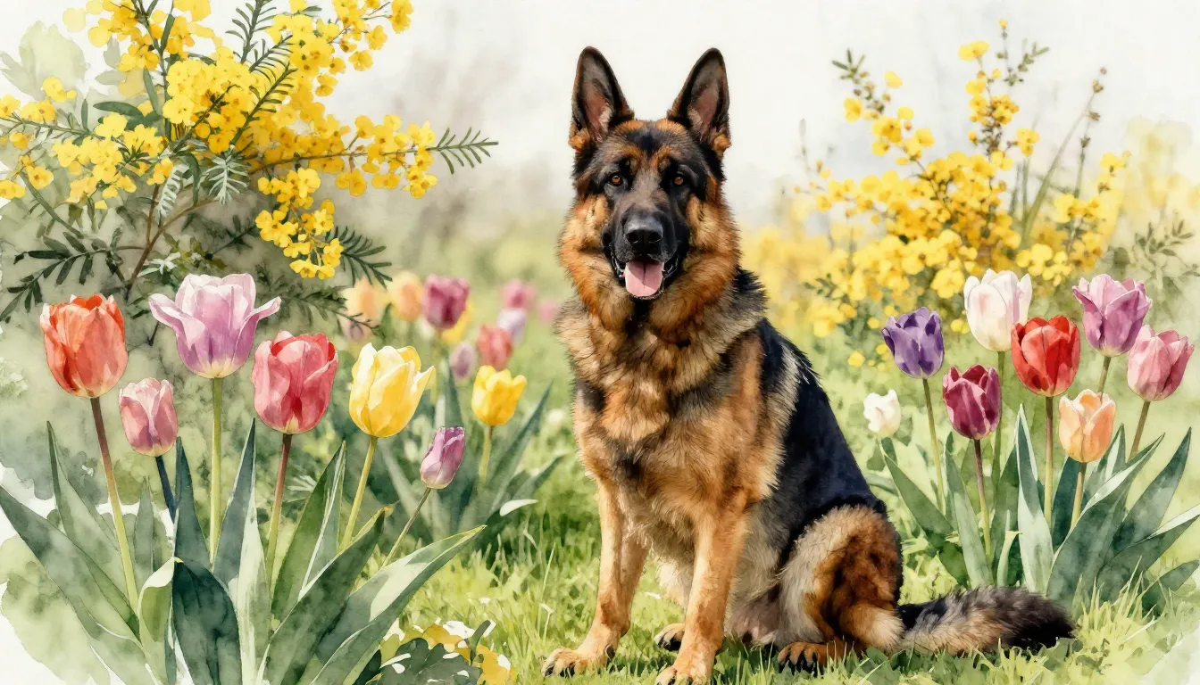 Watercolor style. A majestic German Shepherd sitting among b...