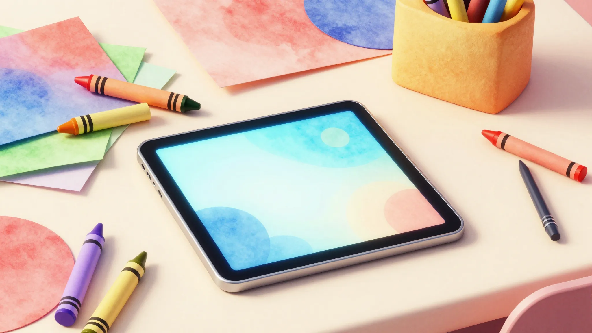 Watercolor style. A bright, colorful workspace with paper cu...