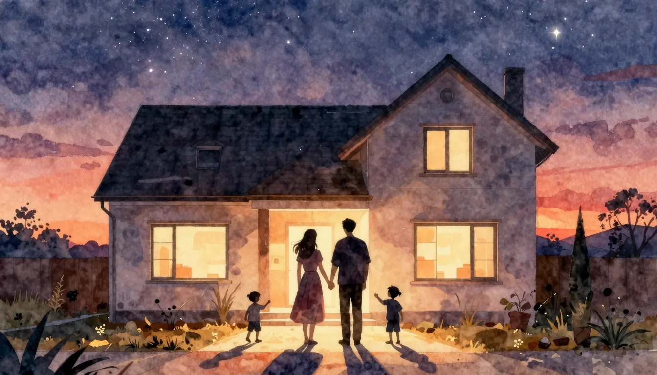 Watercolor style. A silhouette of a couple standing in front...