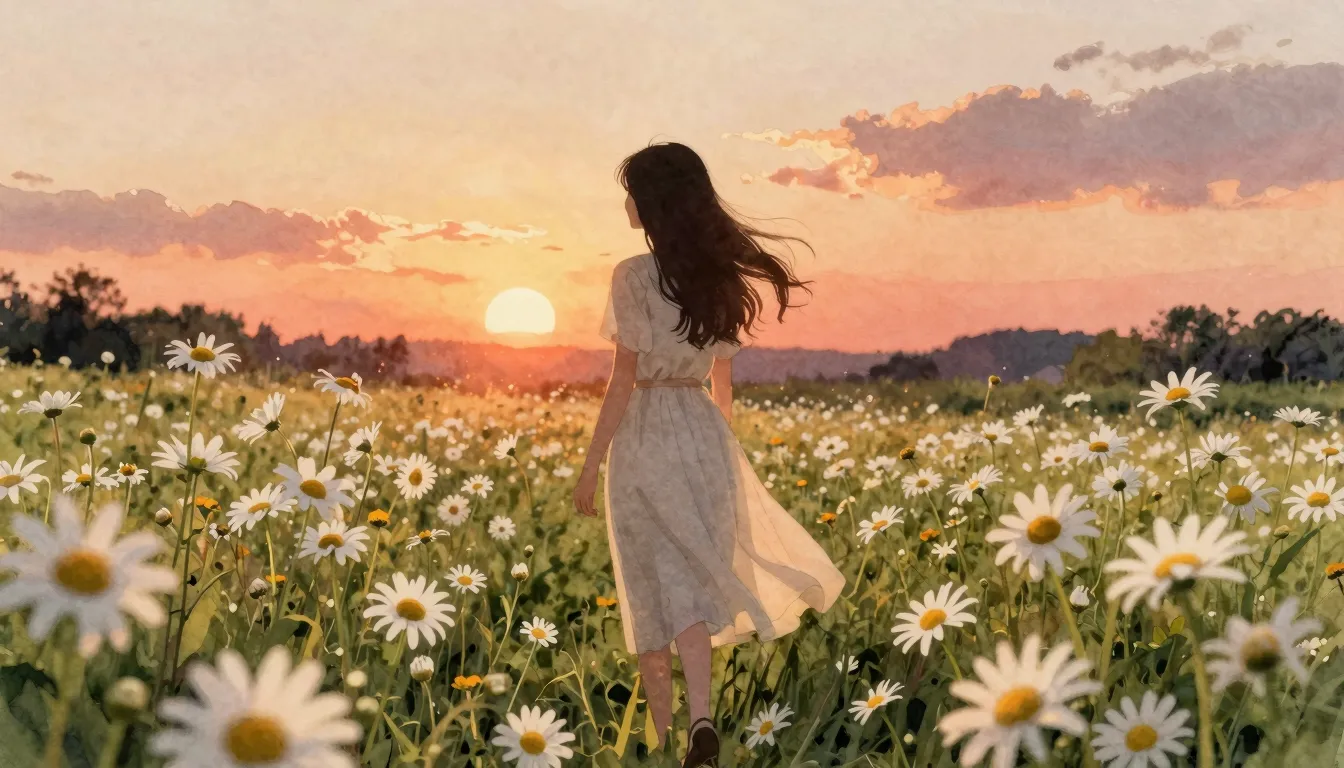 Watercolor style. Silhouette of a girl in a field of daisies...