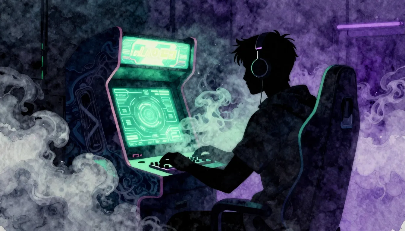 Watercolor style. Dark silhouette of a gamer in a neon lit r...