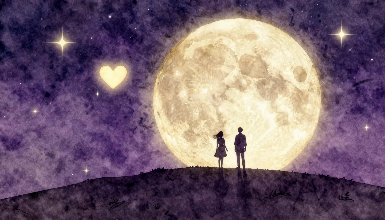Watercolor style. Silhouette of two figures on a hill under ...
