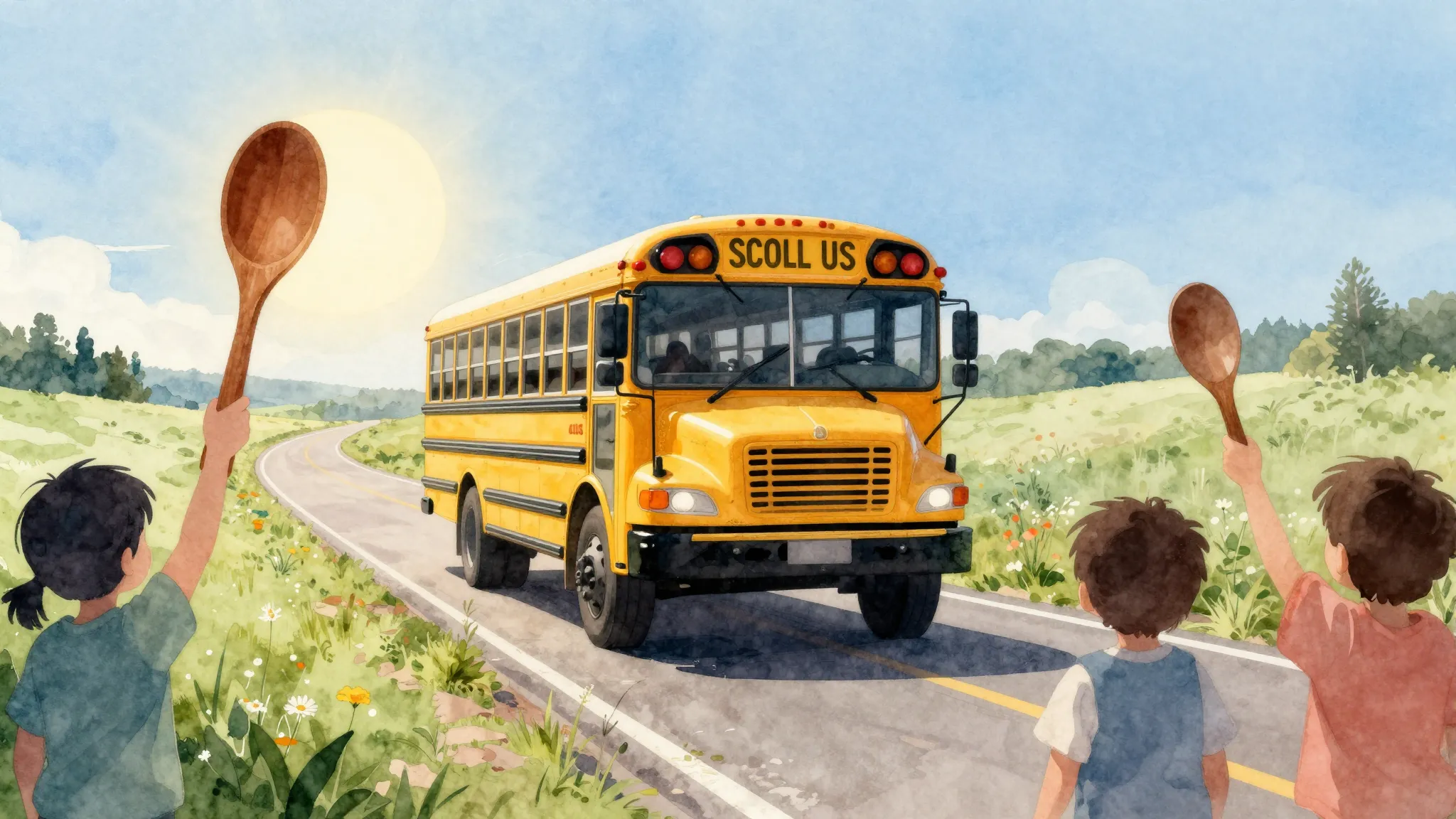 Watercolor style. A yellow school bus driving on a winding r...