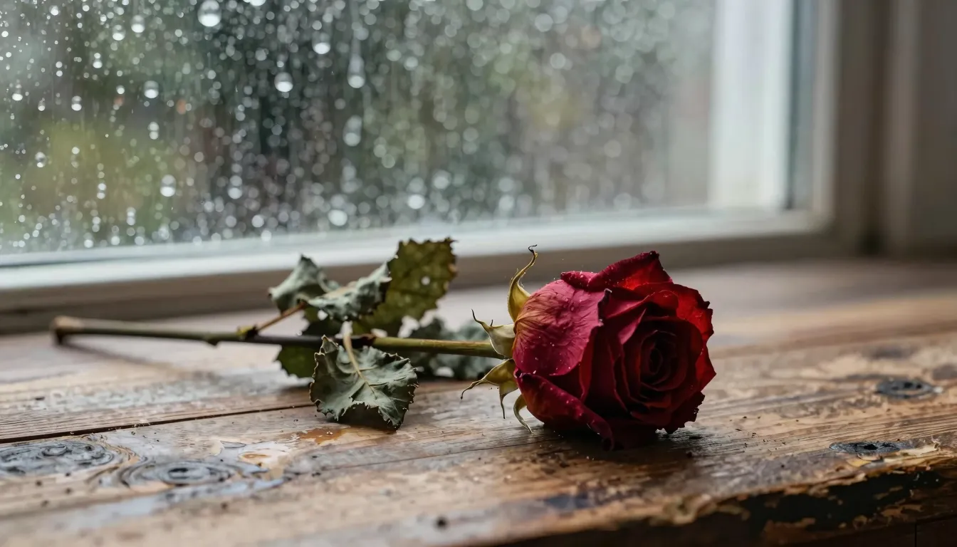 Watercolor style. A dried red rose lying on an old wooden ta...