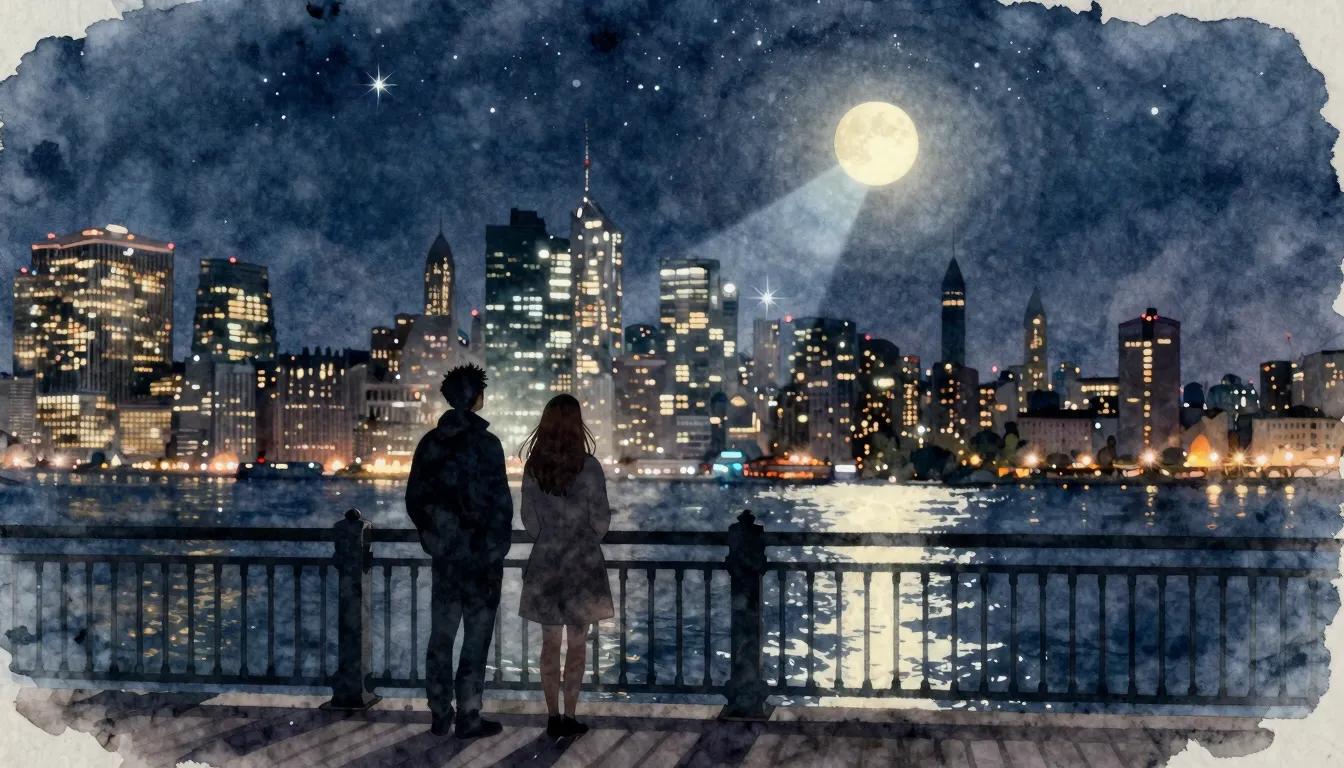 Watercolor style. A silhouette of a couple standing on a bri...