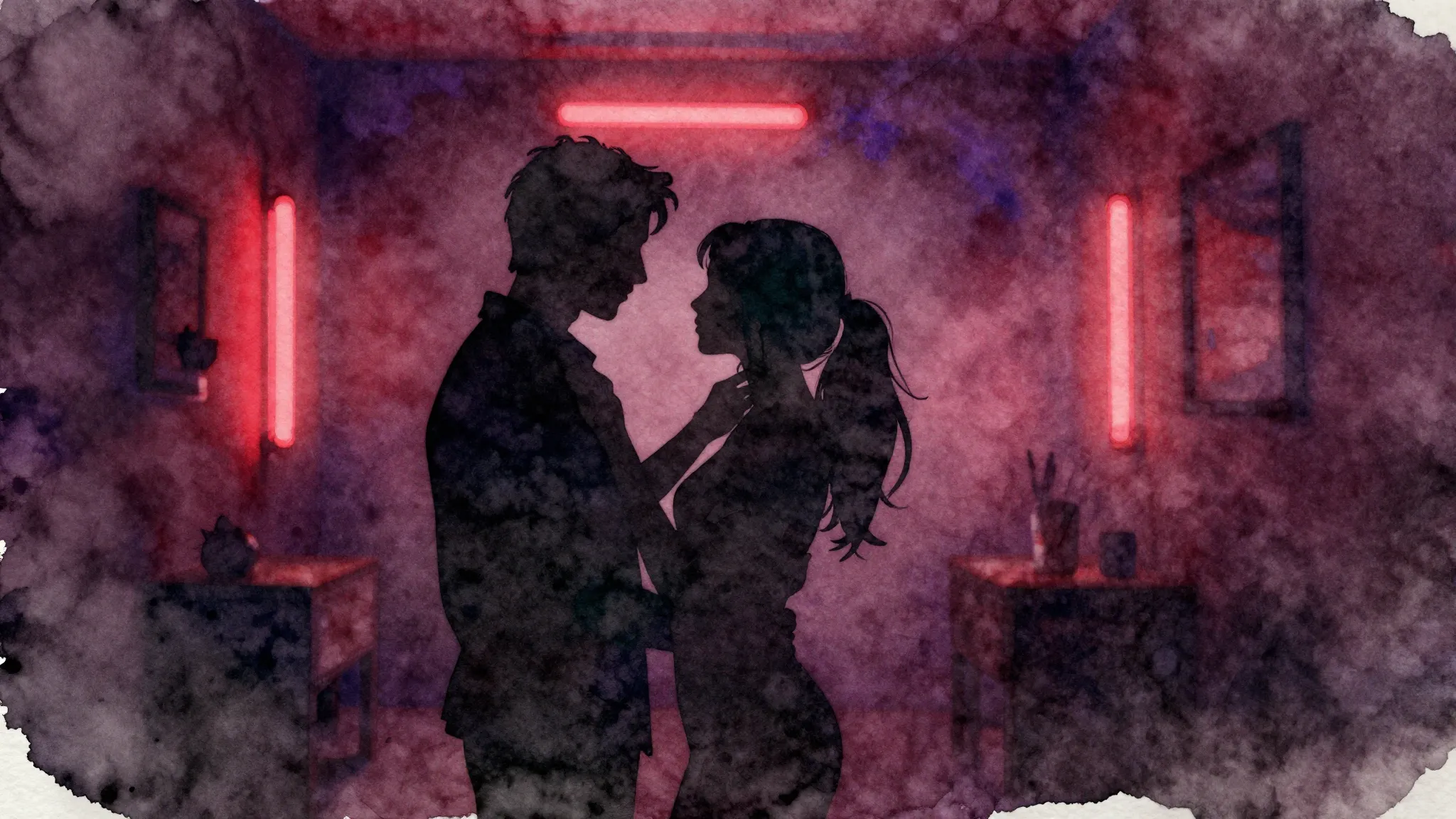 Watercolor style. Silhouette of two lovers in a dark room, n...