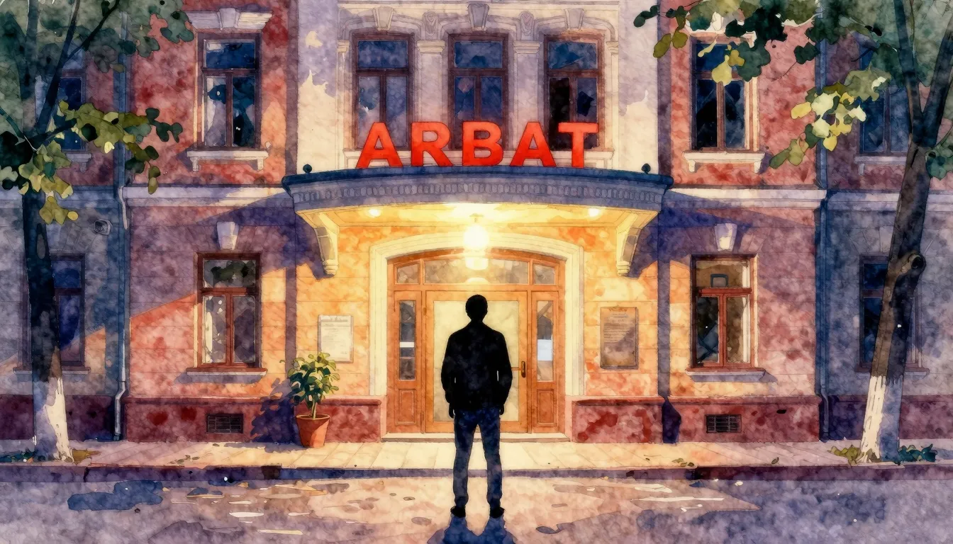 Vibrant watercolor style. Rock album cover. Arbat street, ev...