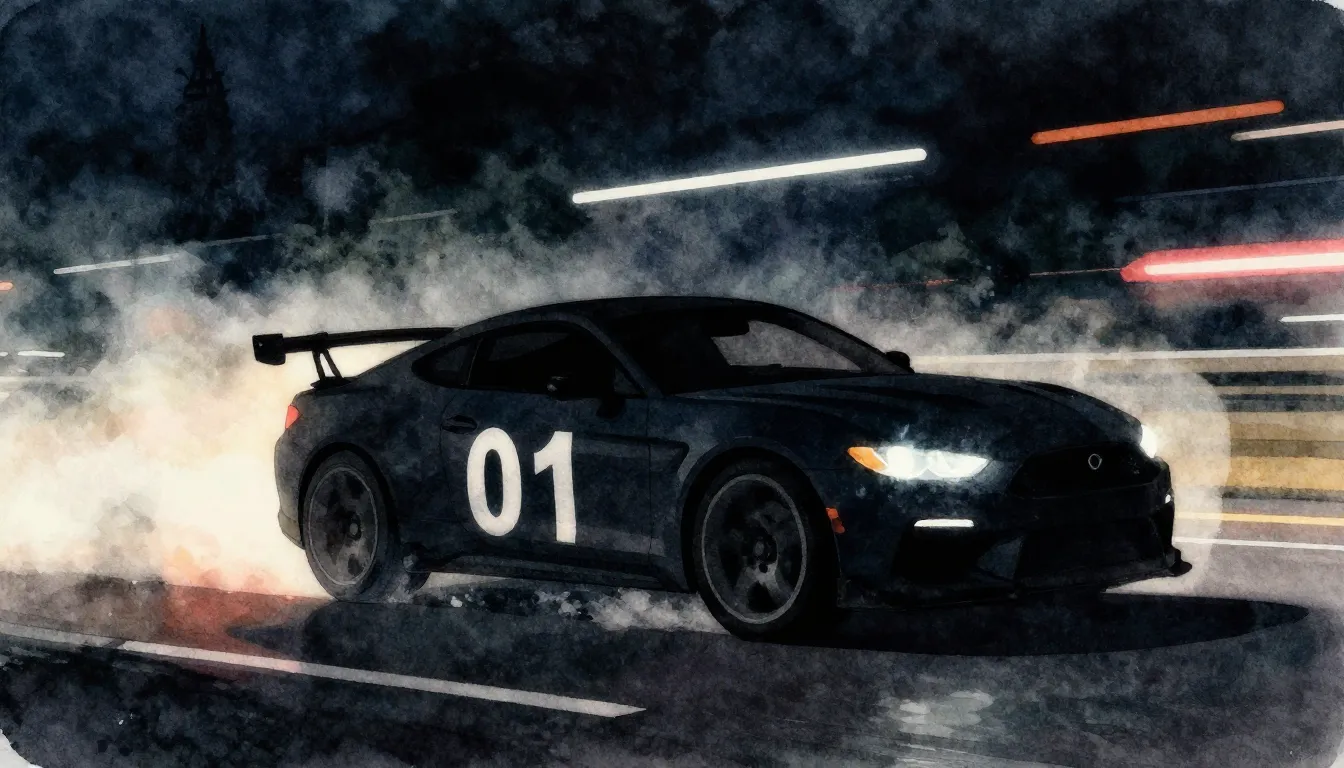 Watercolor style. Dark silhouette of a fast vehicle crossing...
