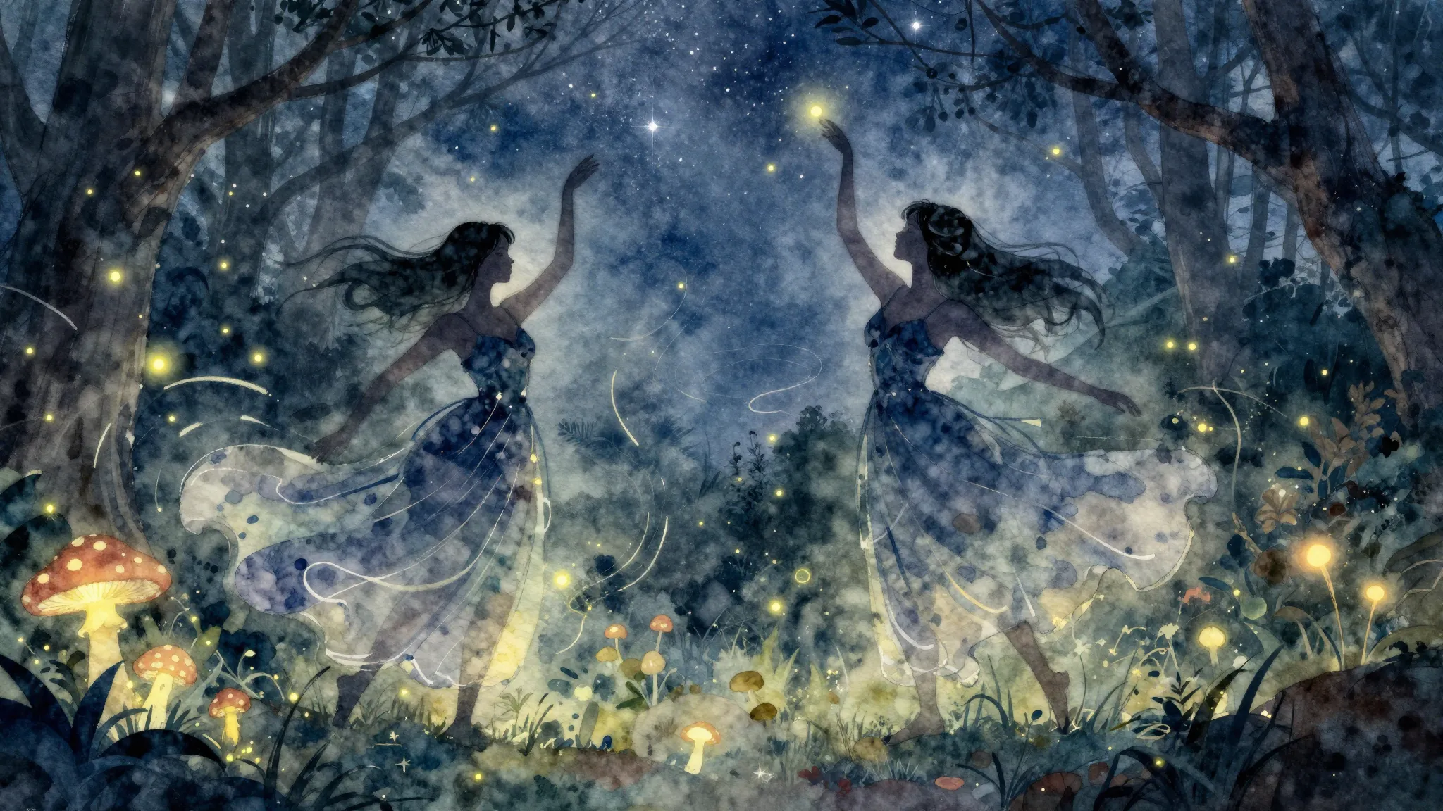 Watercolor style. Two graceful female silhouettes in flowing...