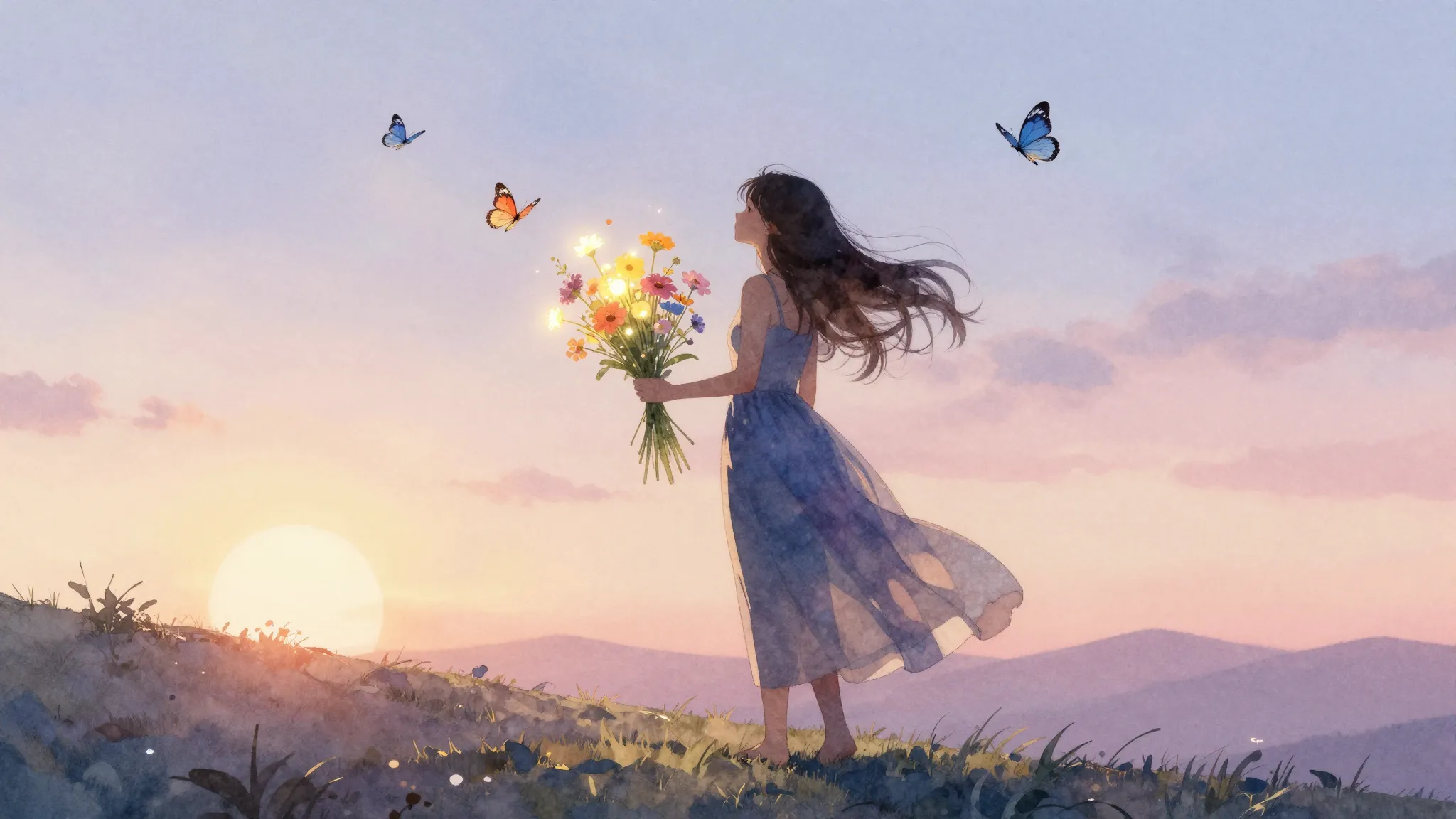 Watercolor style. A silhouette of a woman stands on a hill a...