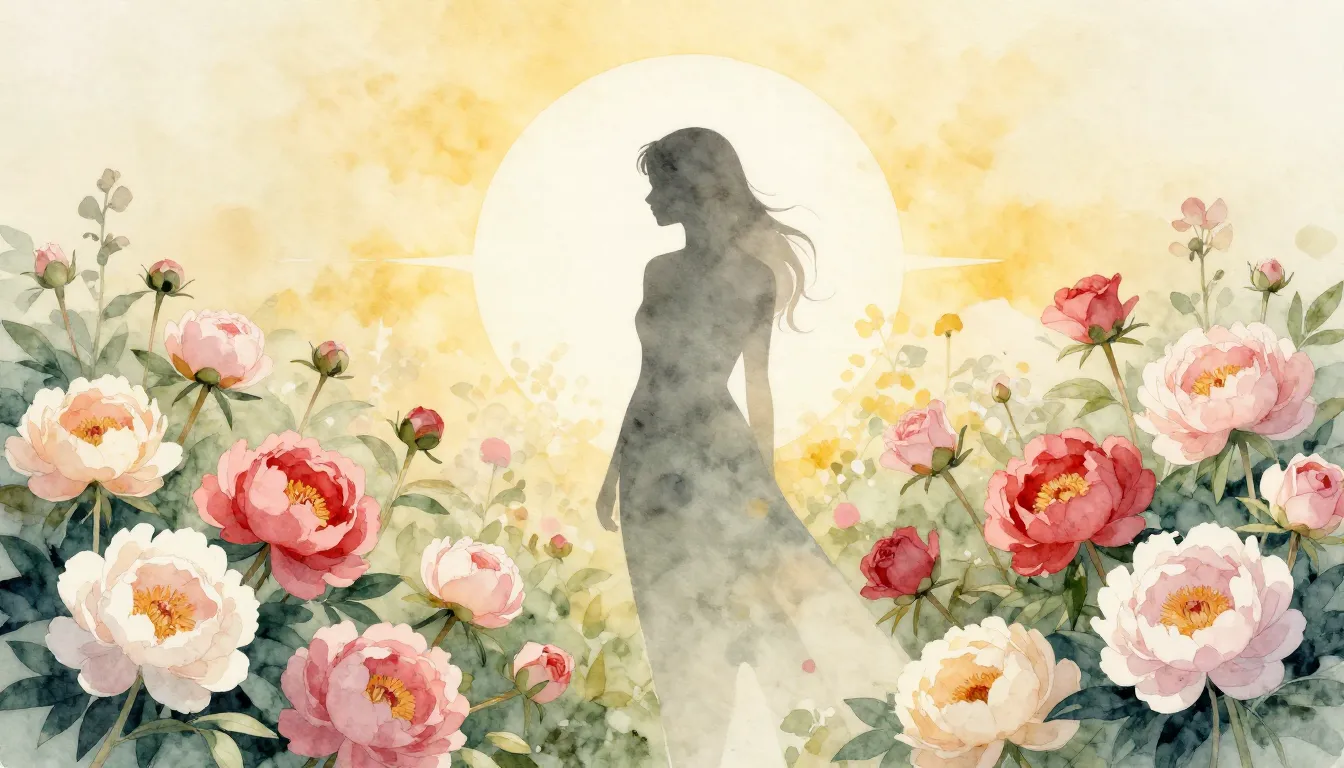 Watercolor style. A silhouette of a woman standing in a lush...
