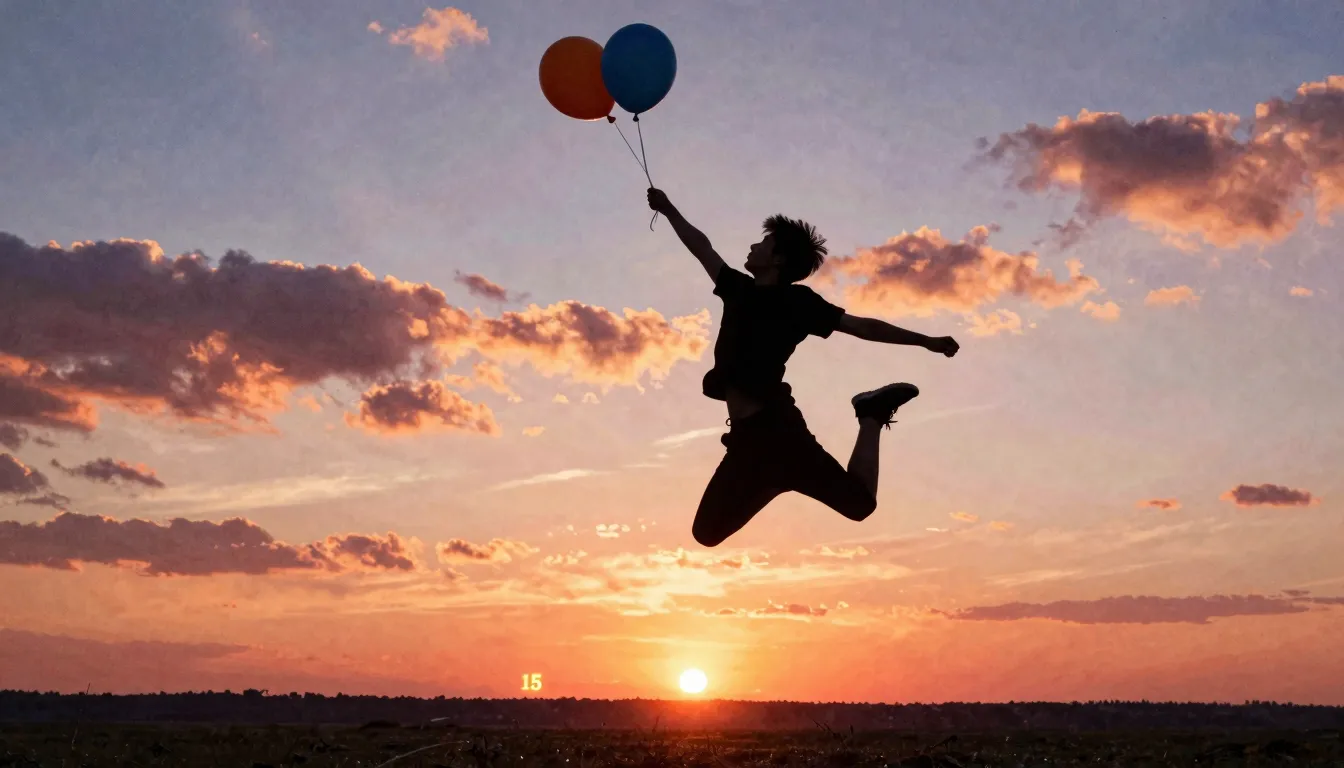 Watercolor style. Silhouette of a teenager jumping high agai...