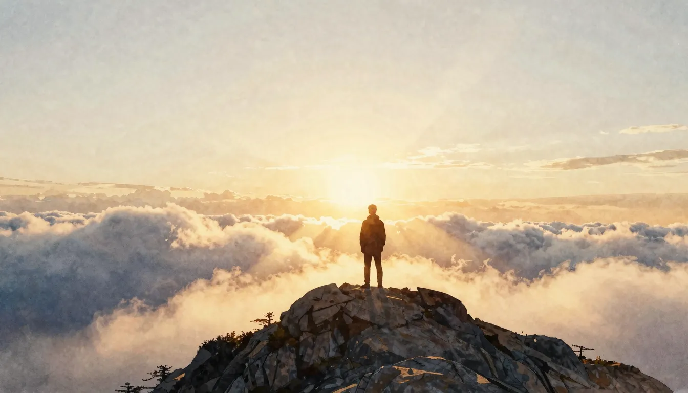 Watercolor style. A silhouette of a person standing on a hig...