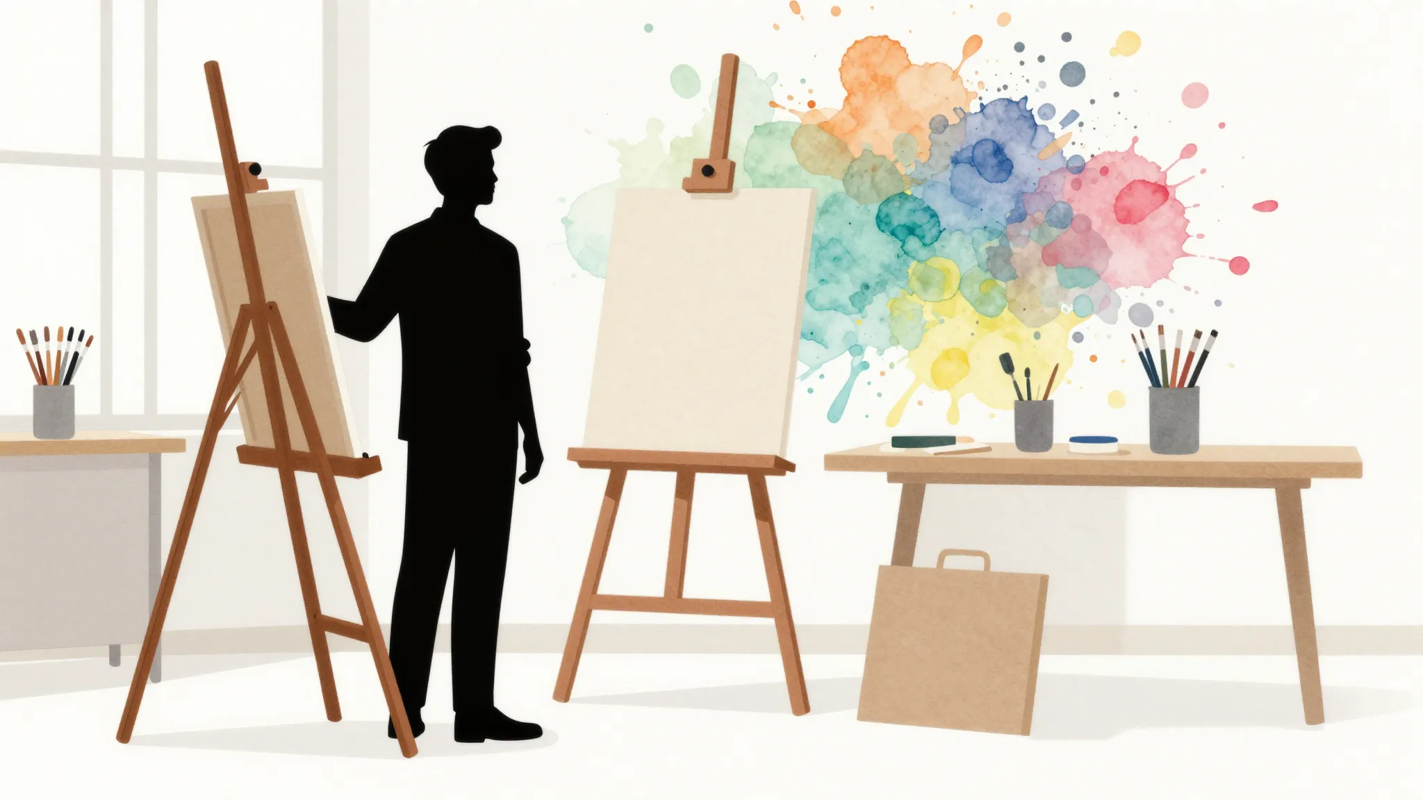 Watercolor style. A silhouette of a teacher standing by an e...