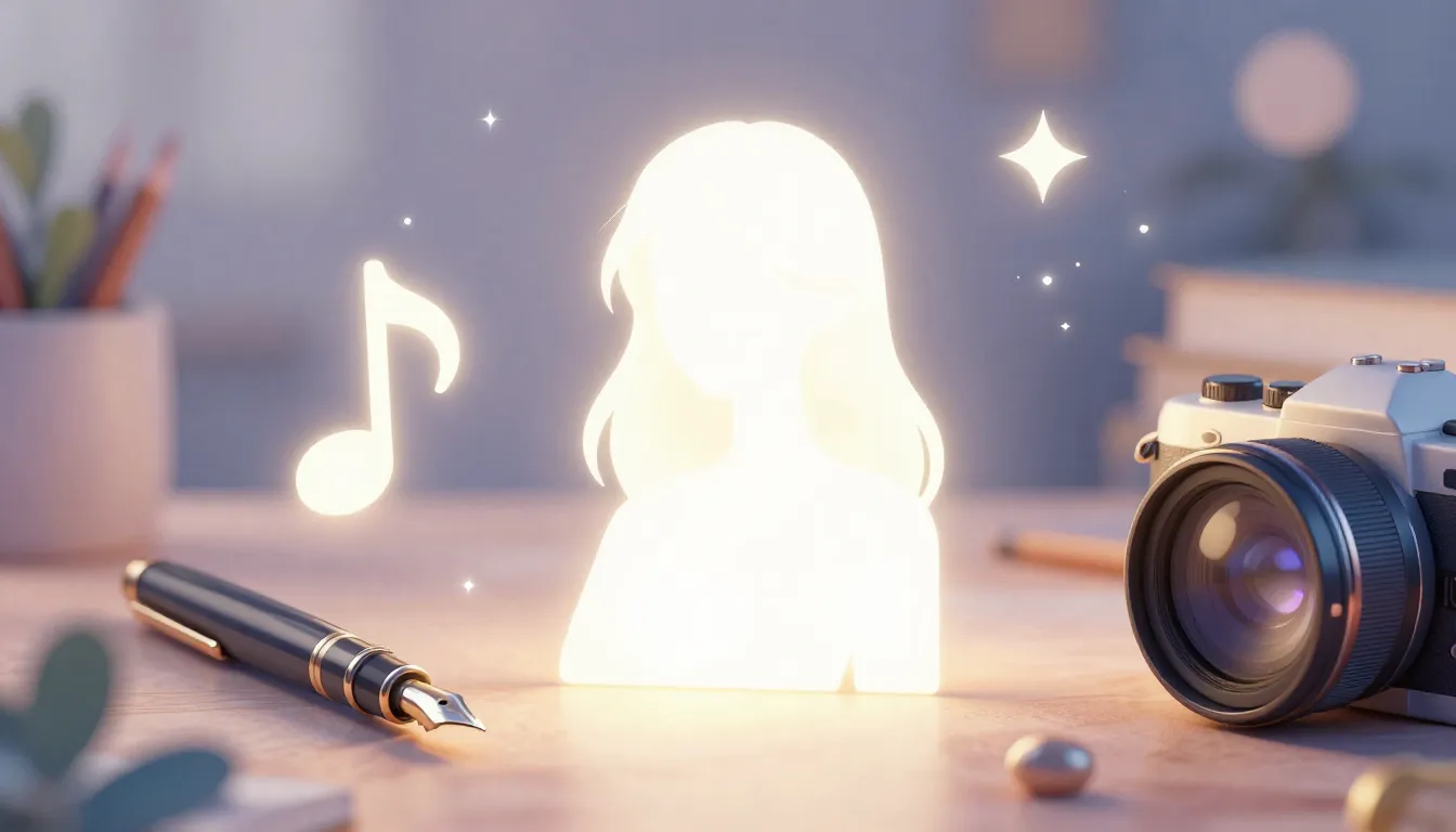 Watercolor style. A creative workspace with a glowing silhou...