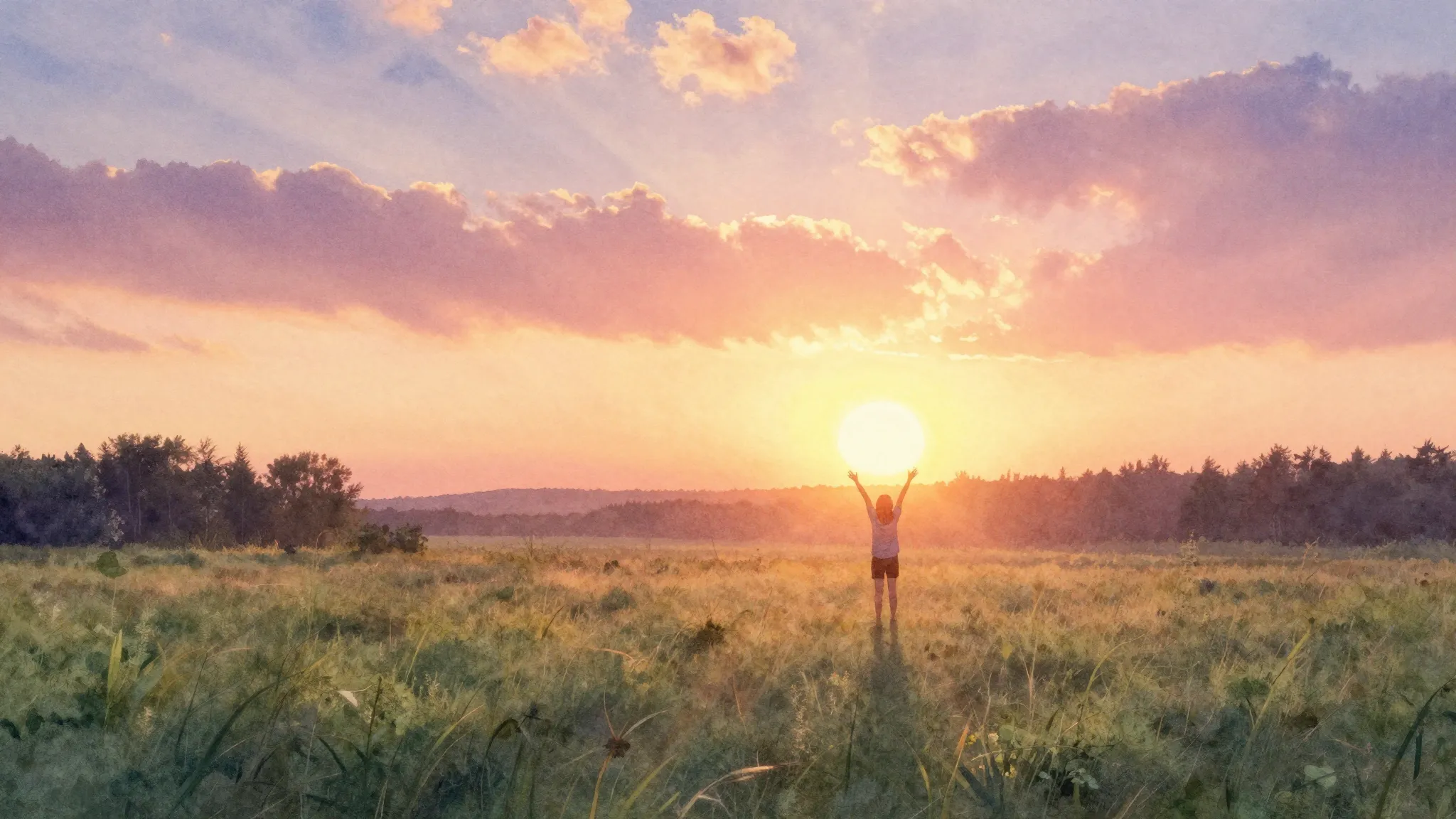 Vibrant watercolor style. A beautiful sunrise over a peacefu...