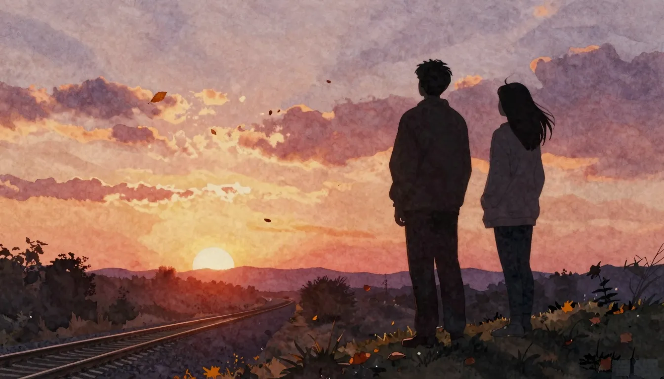 Watercolor style. A silhouette of two friends standing on a ...