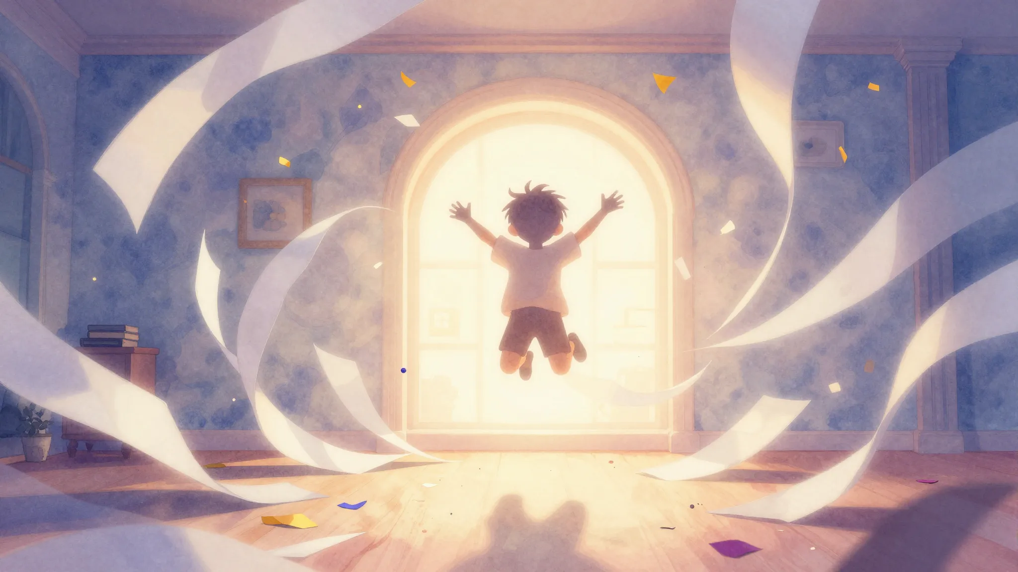 Watercolor style. Magical room filled with swirling white pa...