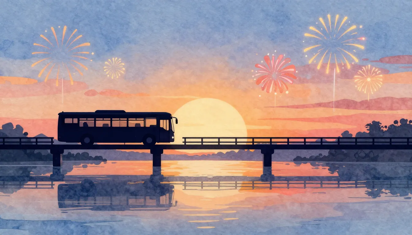 Watercolor style. A silhouette of a modern bus crossing a po...