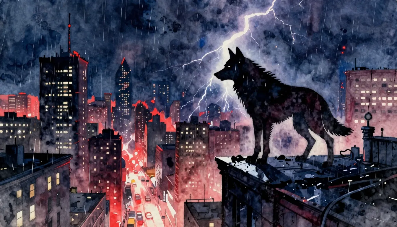 Vibrant watercolor style. Heavy metal album cover, dark urba...