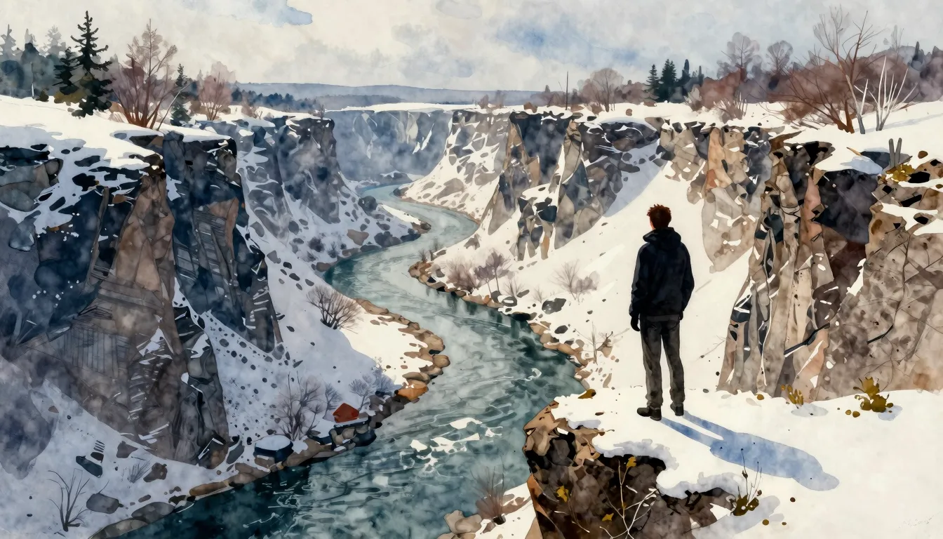 Watercolor style. A silhouette of a man standing on the edge...