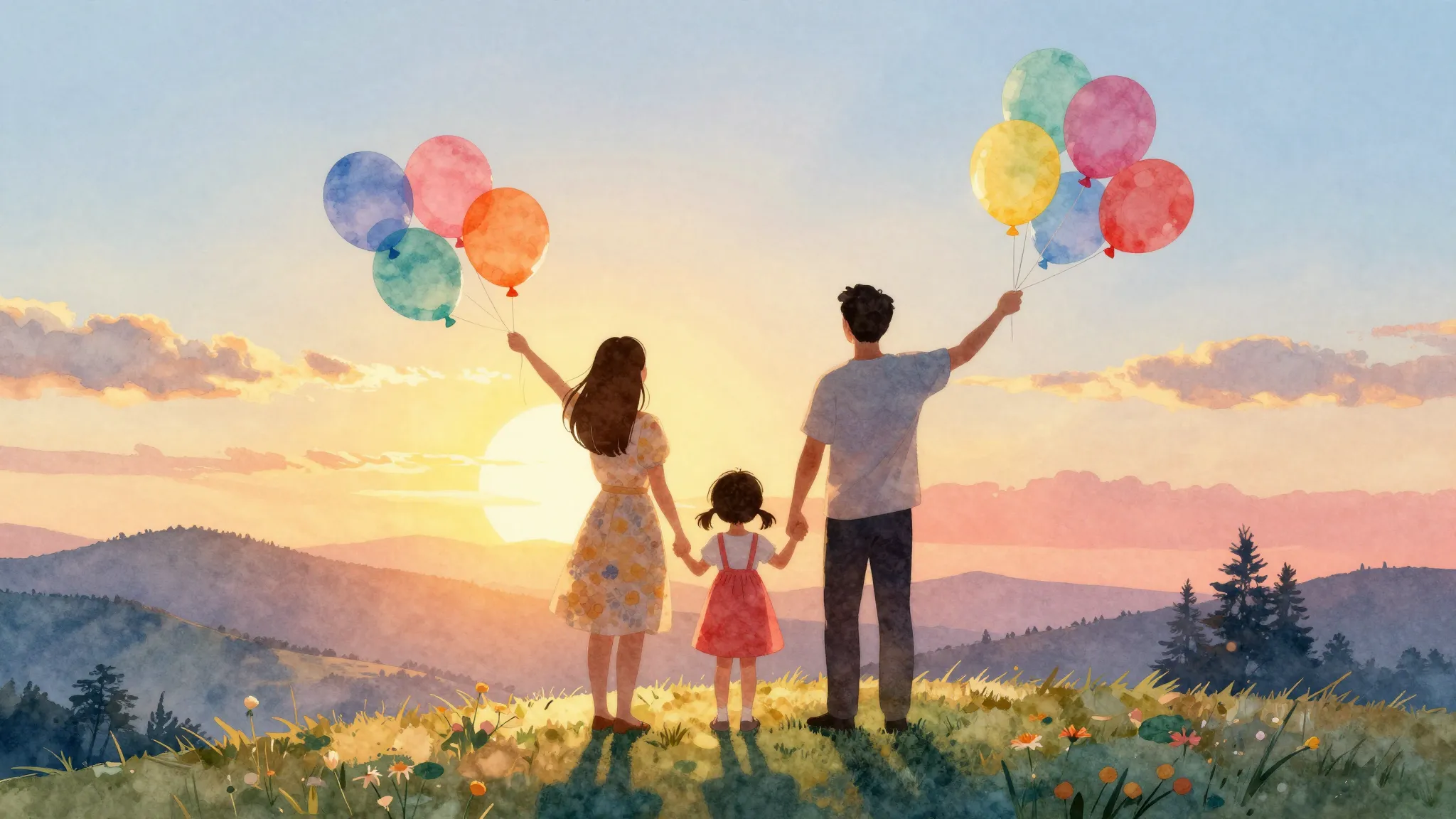 Watercolor style. A silhouette of a happy family of three, p...