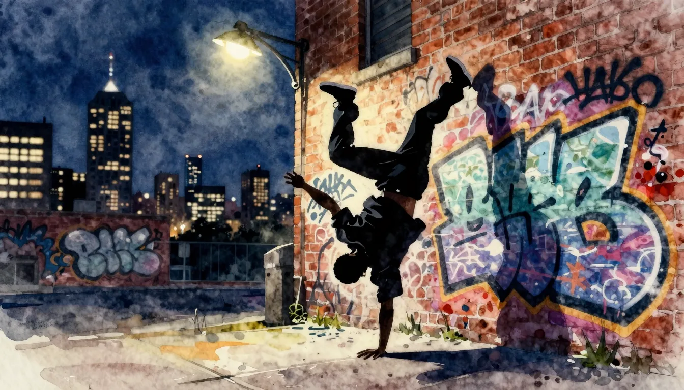 Watercolor style. A silhouette of a b-boy frozen in a power ...