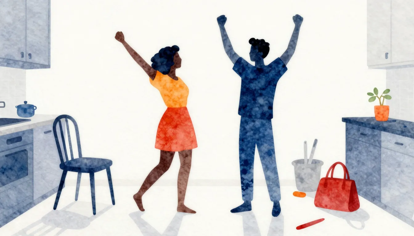 Watercolor style. Abstract silhouette of two joyful figures ...