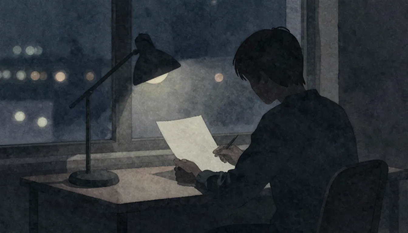 Watercolor style. A silhouette of a person sitting at a desk...