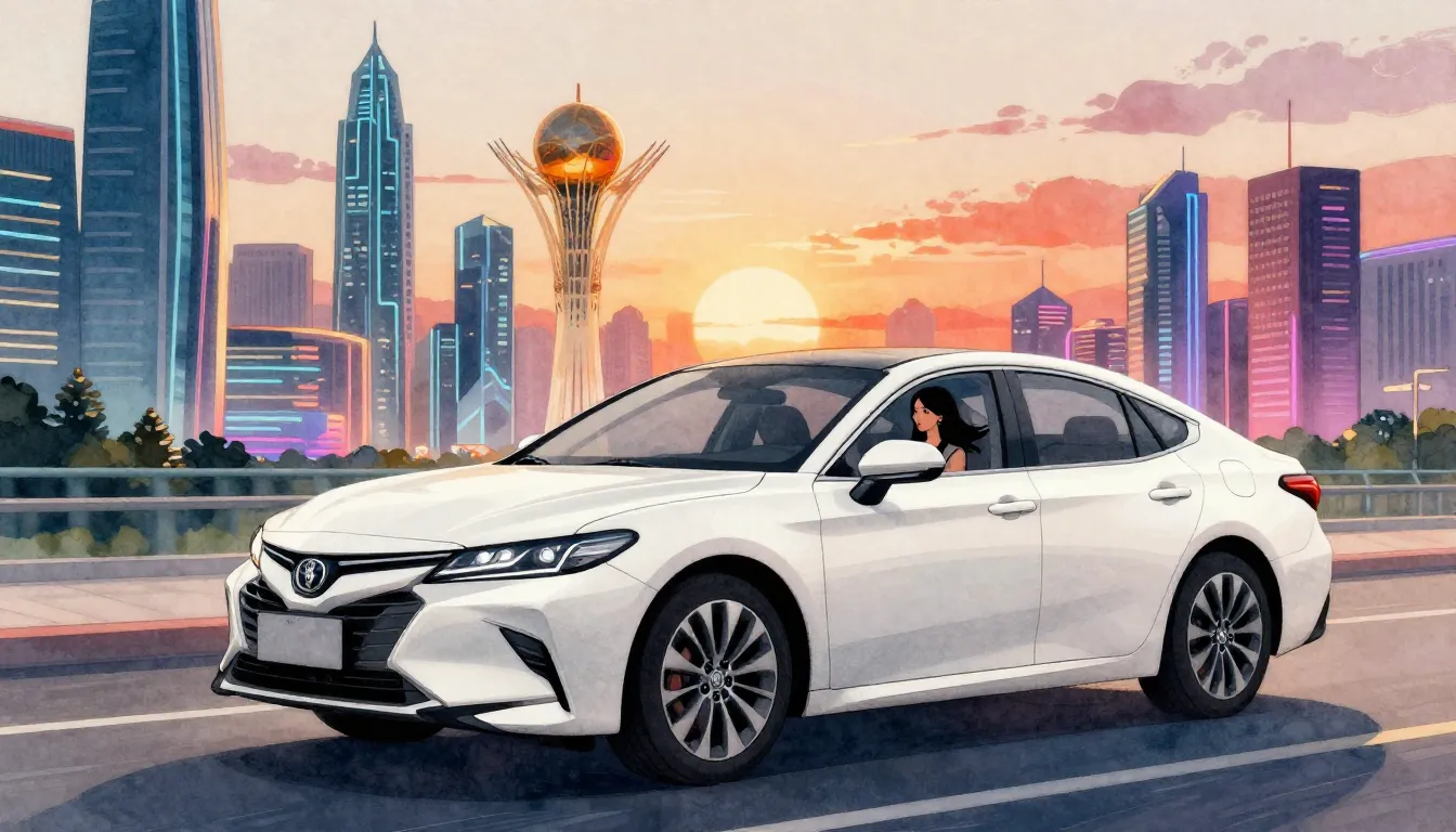 Watercolor style. A sleek white Japanese sedan driving throu...