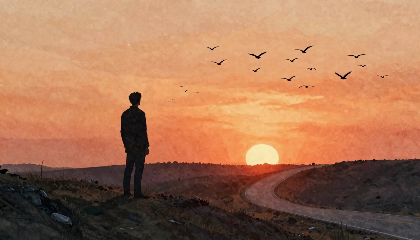 Watercolor style. A silhouette of a man stands on a hill at ...