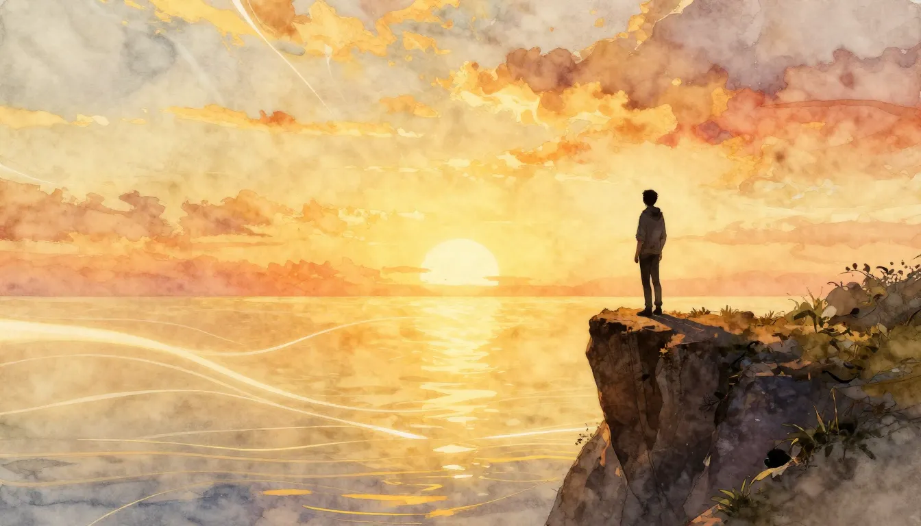 Watercolor style. Silhouette of a person standing on a cliff...