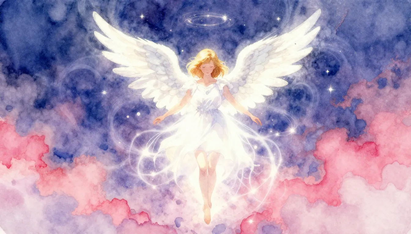 Vibrant watercolor style. Falling angel, white light, swirli...