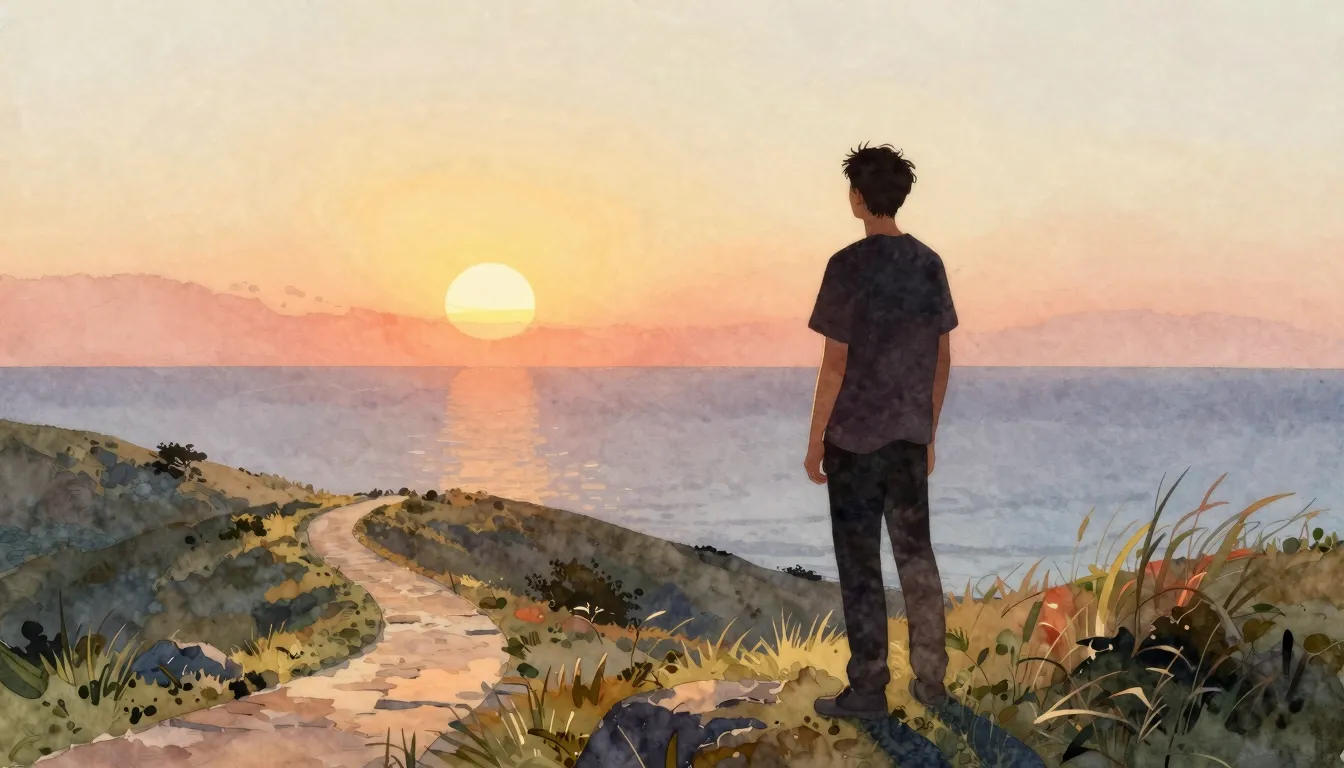 Watercolor style. A silhouette of a young man stands on a hi...