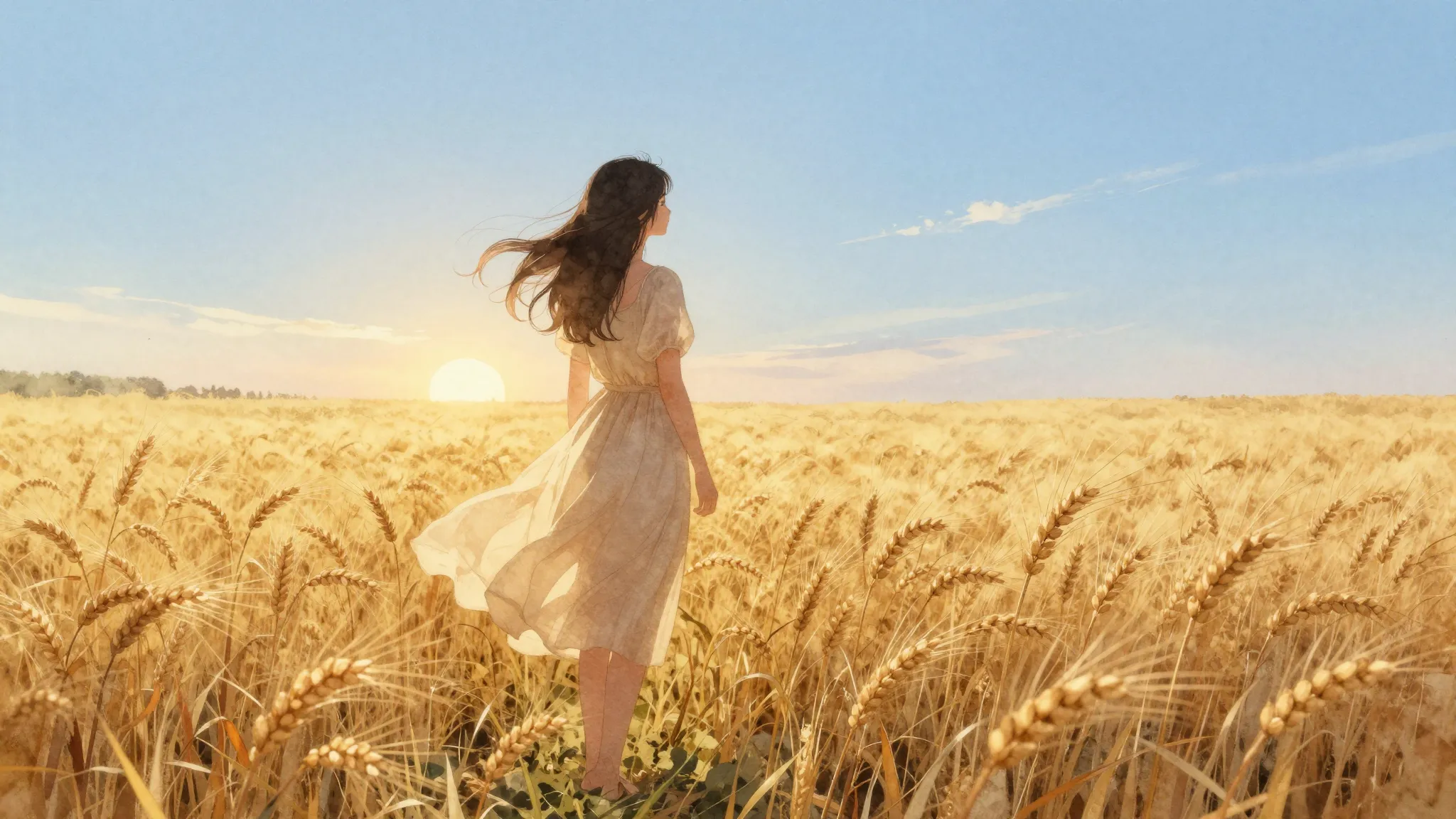 Watercolor style. A silhouette of a girl in a light, flowing...