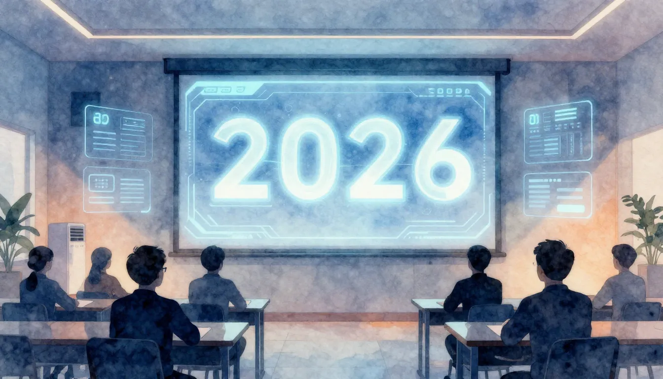 Watercolor style. Futuristic classroom silhouette, glowing d...