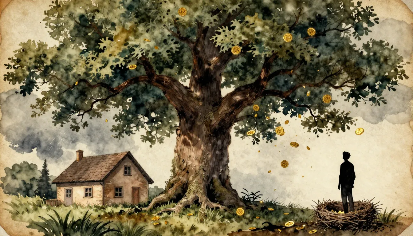 Watercolor style. An ancient oak tree standing strong agains...