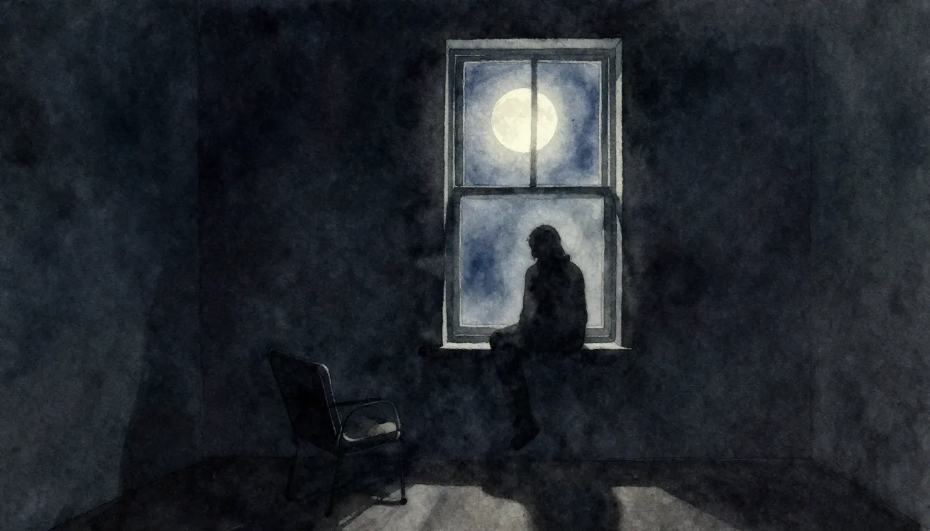 Watercolor style. A dark, moody room with a single window, m...