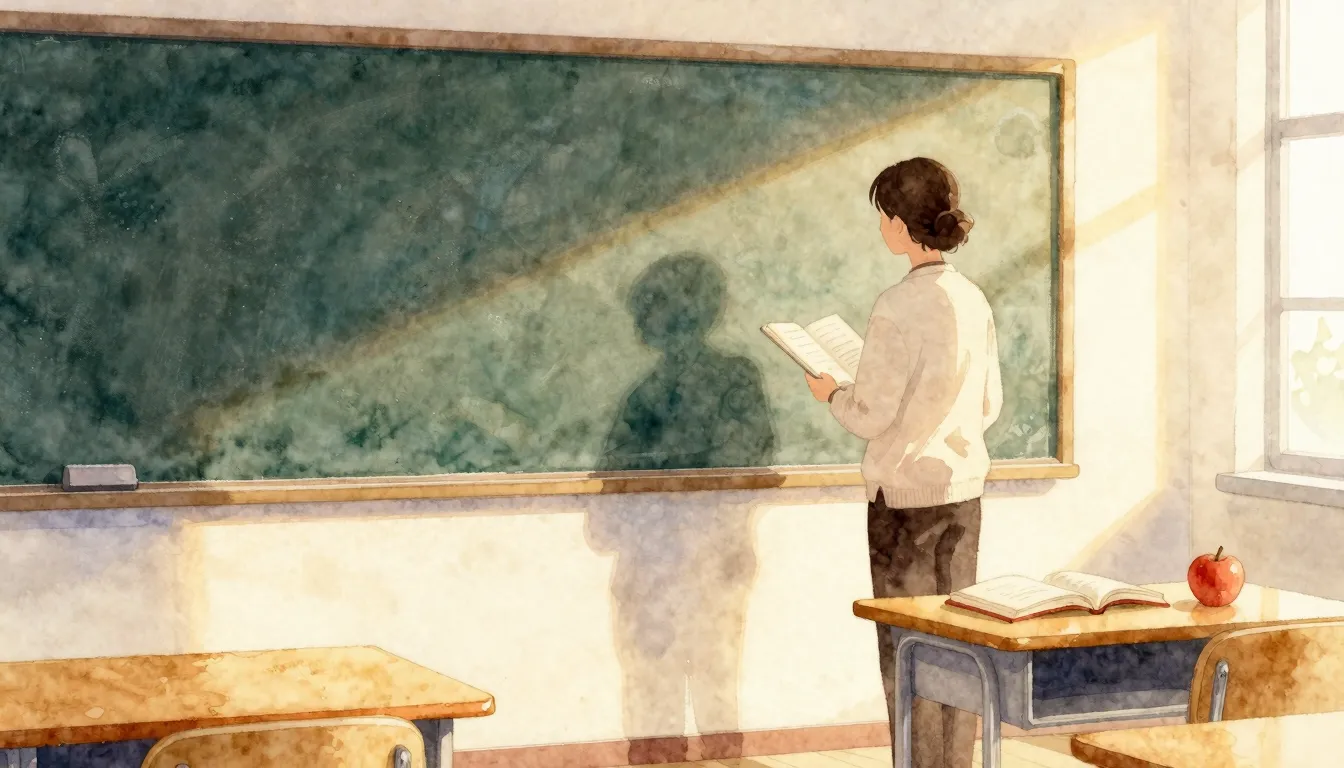 Watercolor style. A warm classroom bathed in golden morning ...