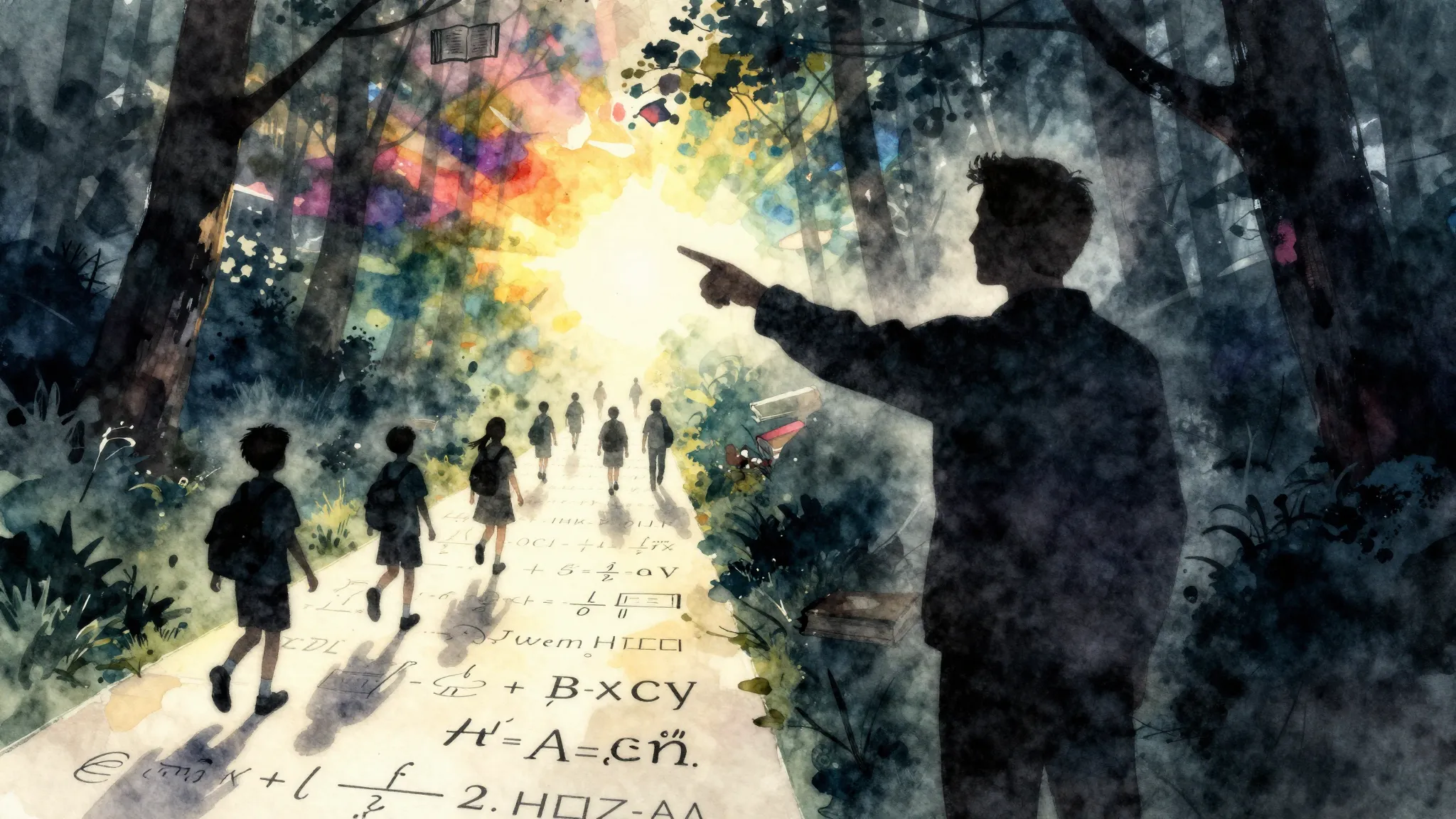 Watercolor style. A silhouette of a teacher pointing towards...