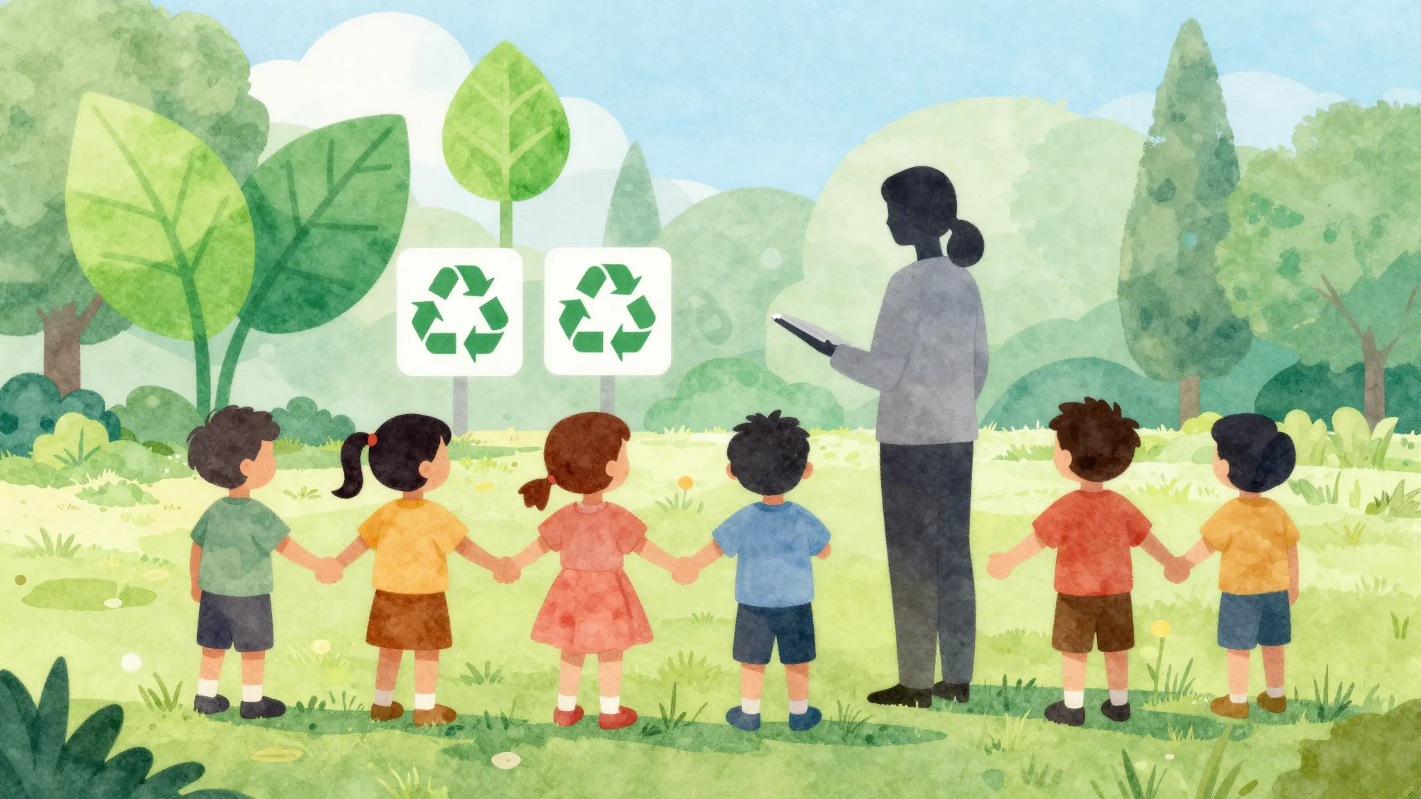 Watercolor style. A silhouette of a teacher and a group of c...