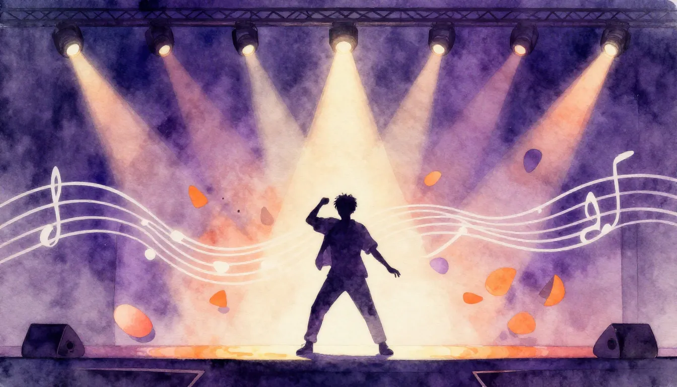 Watercolor style. Silhouette of a student performer on a bri...